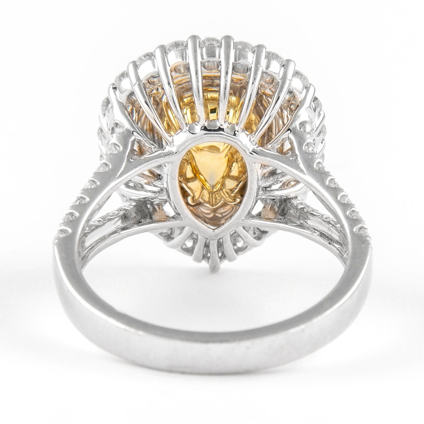 Alexander 2.01ct Fancy Yellow Pear Diamond Double Halo Ring 18k Two Tone In New Condition In BEVERLY HILLS, CA