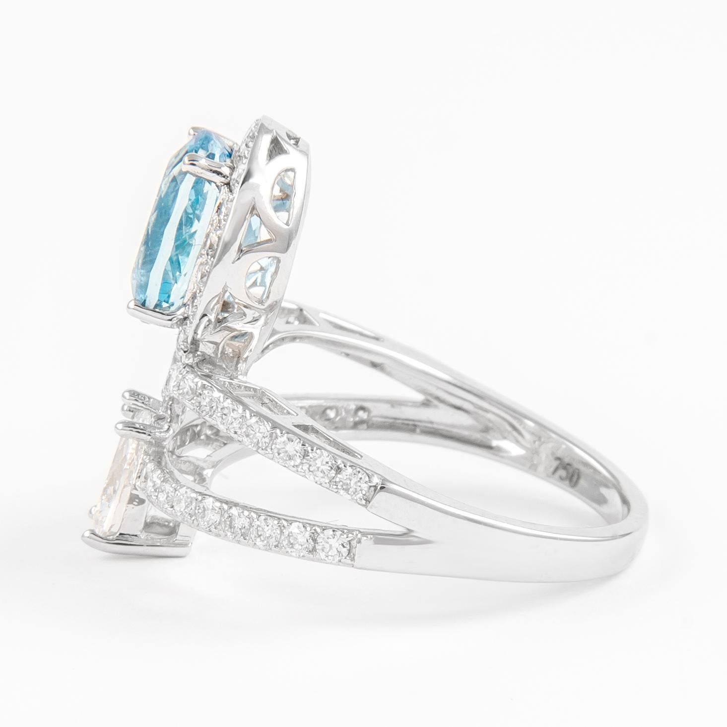 Contemporary Alexander 2.02 Carat Oval Aquamarine and Pear Diamond Ring 18k White Gold For Sale