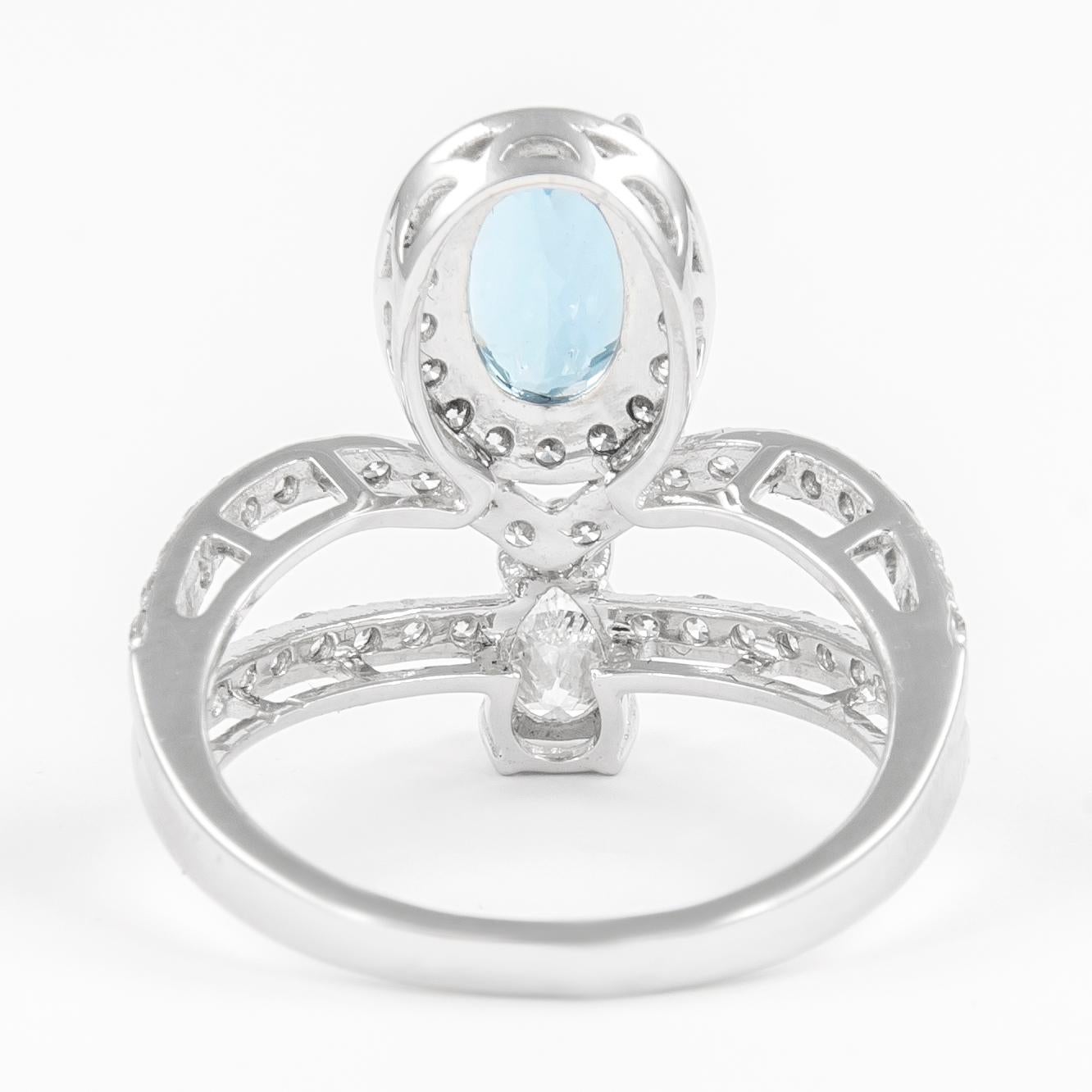 Oval Cut Alexander 2.02 Carat Oval Aquamarine and Pear Diamond Ring 18k White Gold For Sale
