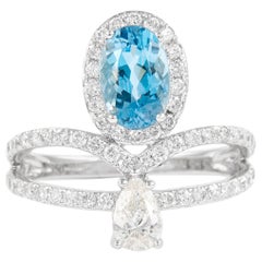 Alexander Anello con acquamarina ovale e diamante perlato da 2,02 carati in oro bianco 18k