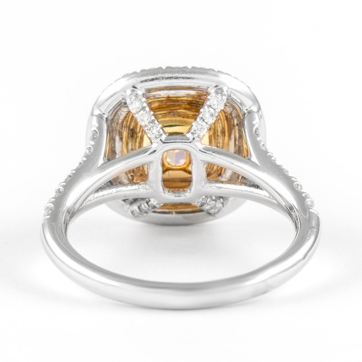 Alexander 2.02ct Fancy Intense Yellow VS2 Cushion Diamond Double Halo Ring 18k In New Condition In BEVERLY HILLS, CA