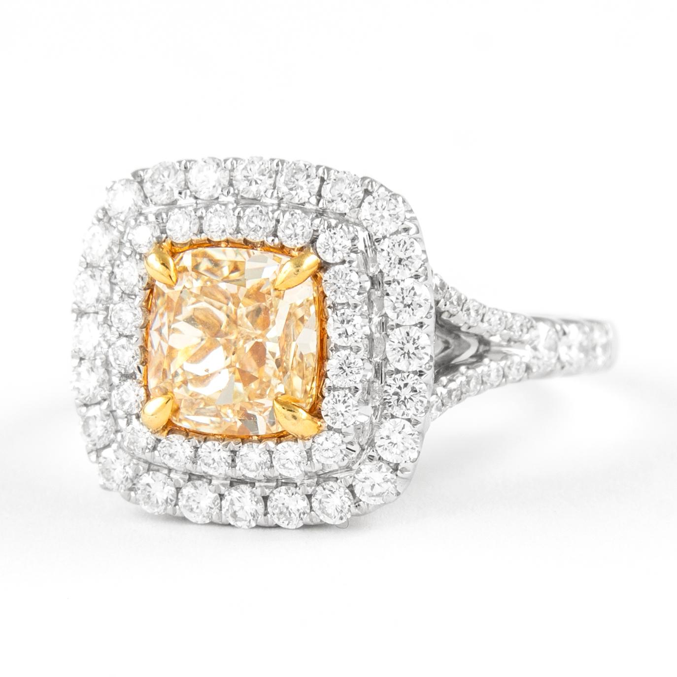 Alexander 2,02ct Fancy Intense Gelb VS2 Diamant Doppel Halo Ring 18k Zweifarbiger Ring (Zeitgenössisch) im Angebot