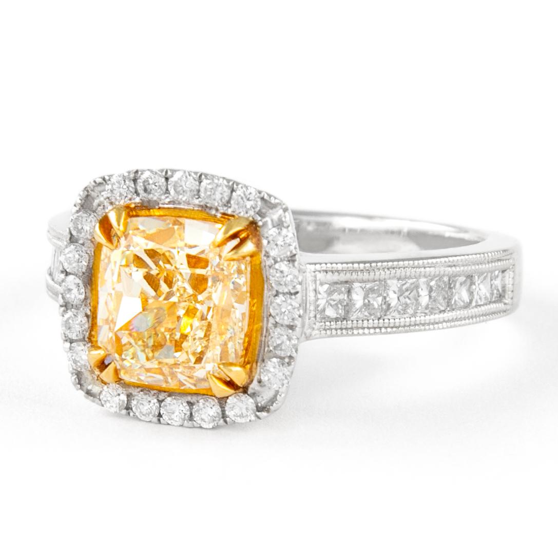 Contemporary Alexander 2.03ct Fancy Intense Yellow Cushion Diamond with Halo Ring 18k For Sale