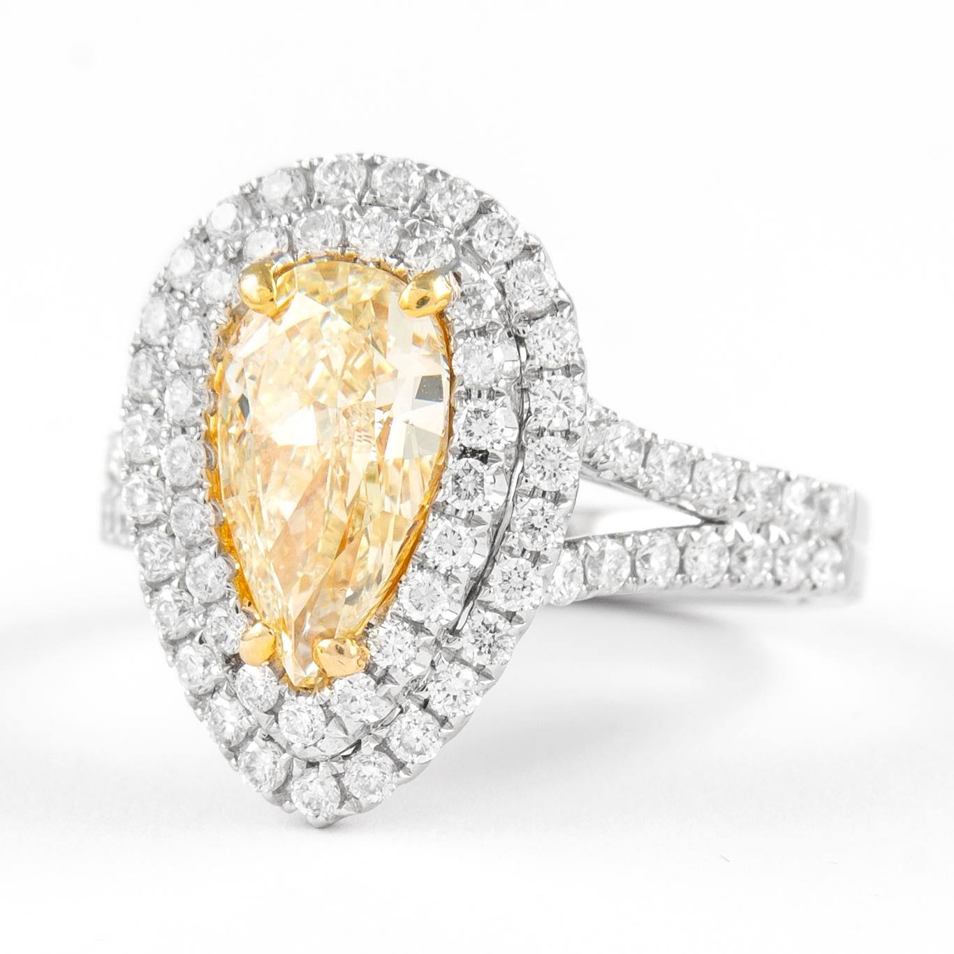 Contemporain Alexander Bague bicolore en or 18 carats avec diamant jaune poire fantaisie de 2,04 carats et double halo en vente