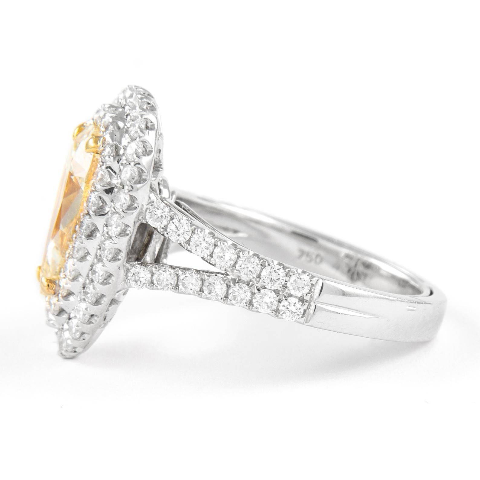 Contemporary Alexander 2.04ct Fancy Yellow Pear Diamond Double Halo Ring 18k Two Tone For Sale