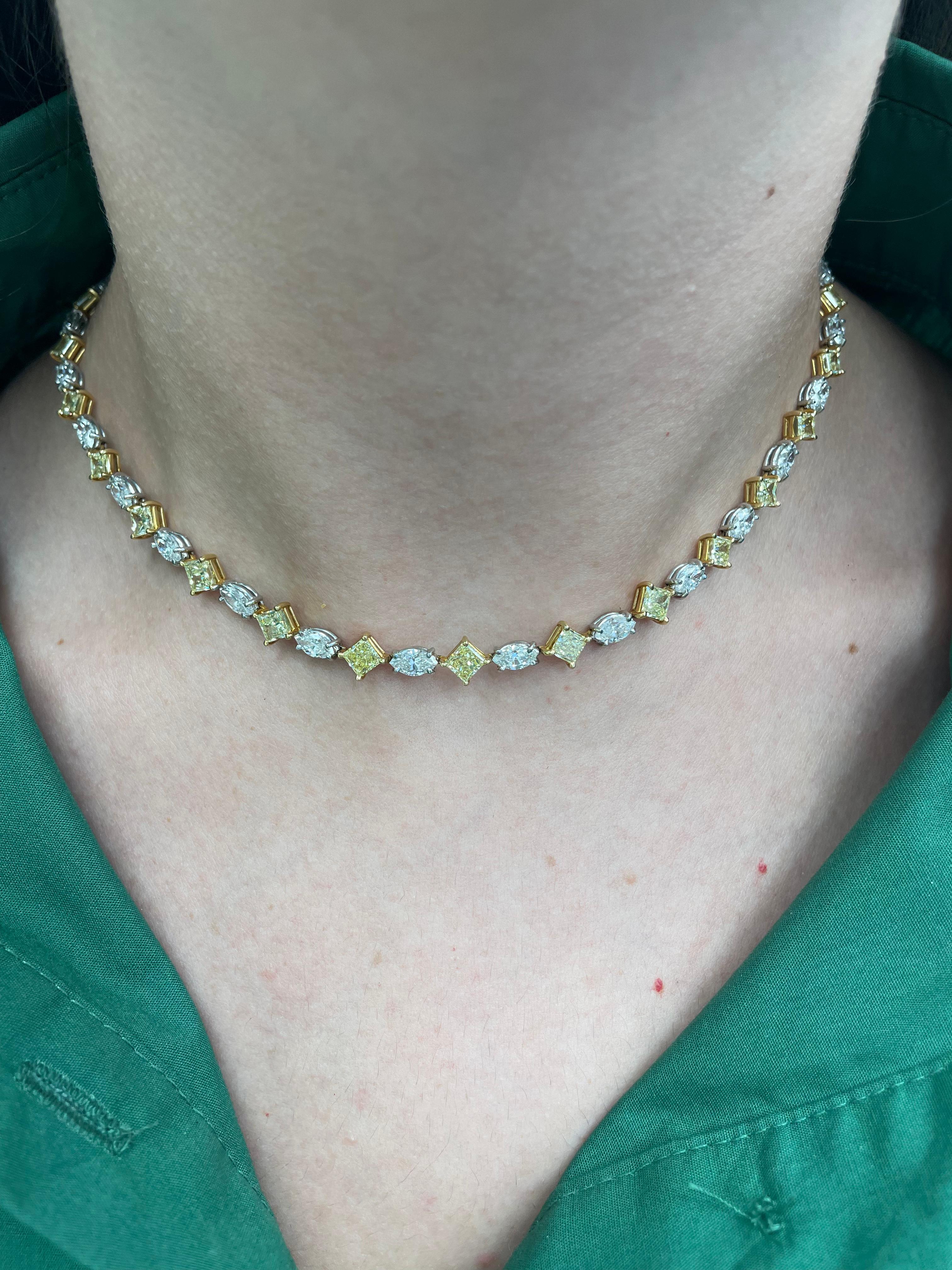 Beautiful yet unique alternating diamond tennis necklace. High jewelry by Alexander Beverly Hills.
20.52 carats total diamond weight.
11.40 carats of princess cut diamonds, approximately Fancy Intense Yellow to Fancy Yellow color and VS2/SI1