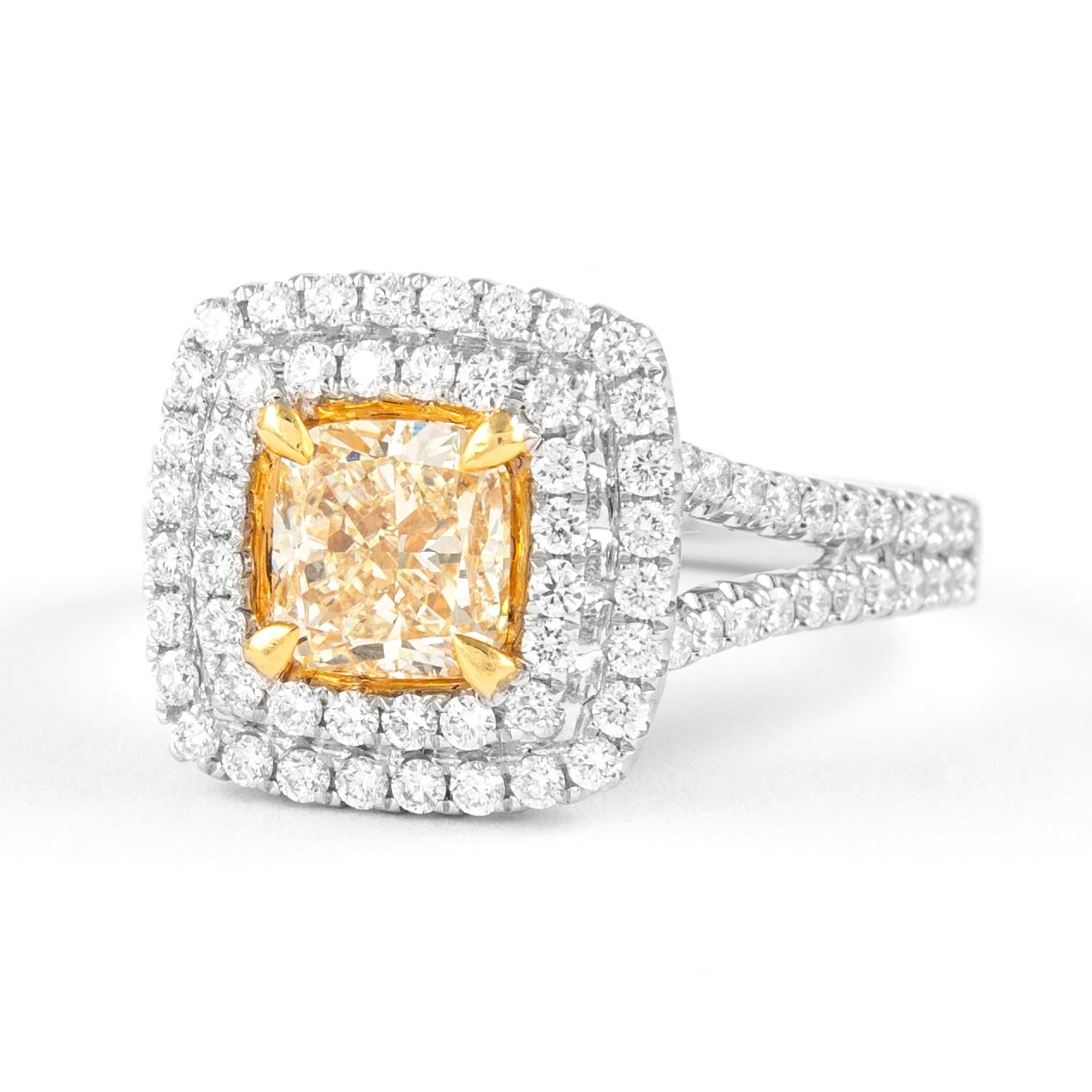 Contemporary Alexander 2.05ct Fancy Yellow VS1 Diamond Double Halo Ring 18k Two Tone For Sale