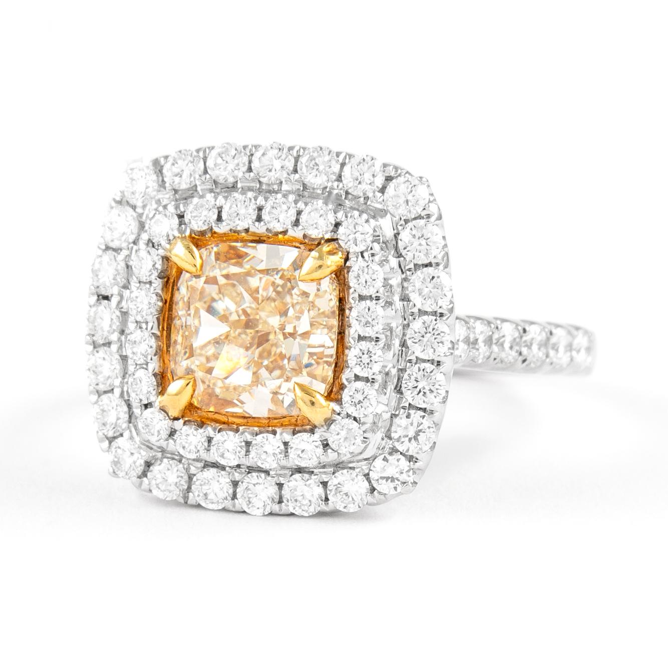 Contemporary Alexander 2.05ct Fancy Yellow VS1 Diamond Double Halo Ring 18k Two Tone For Sale