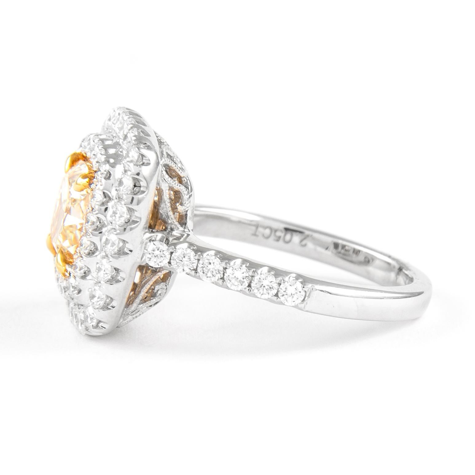 Cushion Cut Alexander 2.05ct Fancy Yellow VS1 Diamond Double Halo Ring 18k Two Tone For Sale