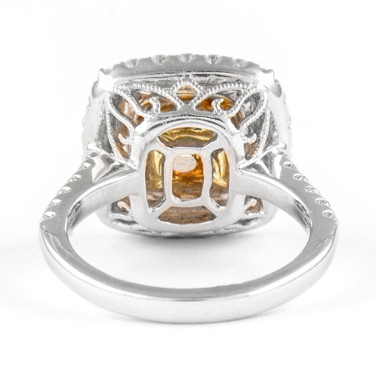 Alexander 2.05ct Fancy Yellow VS1 Diamond Double Halo Ring 18k Two Tone In New Condition For Sale In BEVERLY HILLS, CA