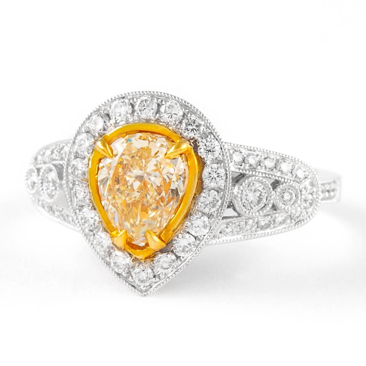 Contemporary Alexander 2.06ctt Fancy Yellow Pear Diamond with Halo Ring 18k Two Tone For Sale