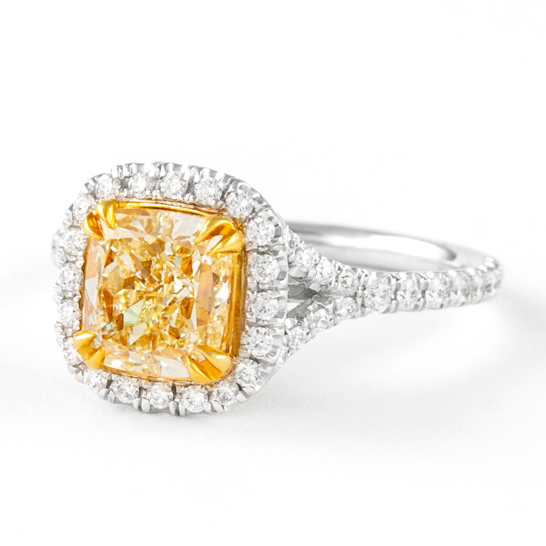 Contemporary Alexander 2.07ct Fancy Intense Yellow VS1 Cushion Diamond with Halo Ring 18k For Sale