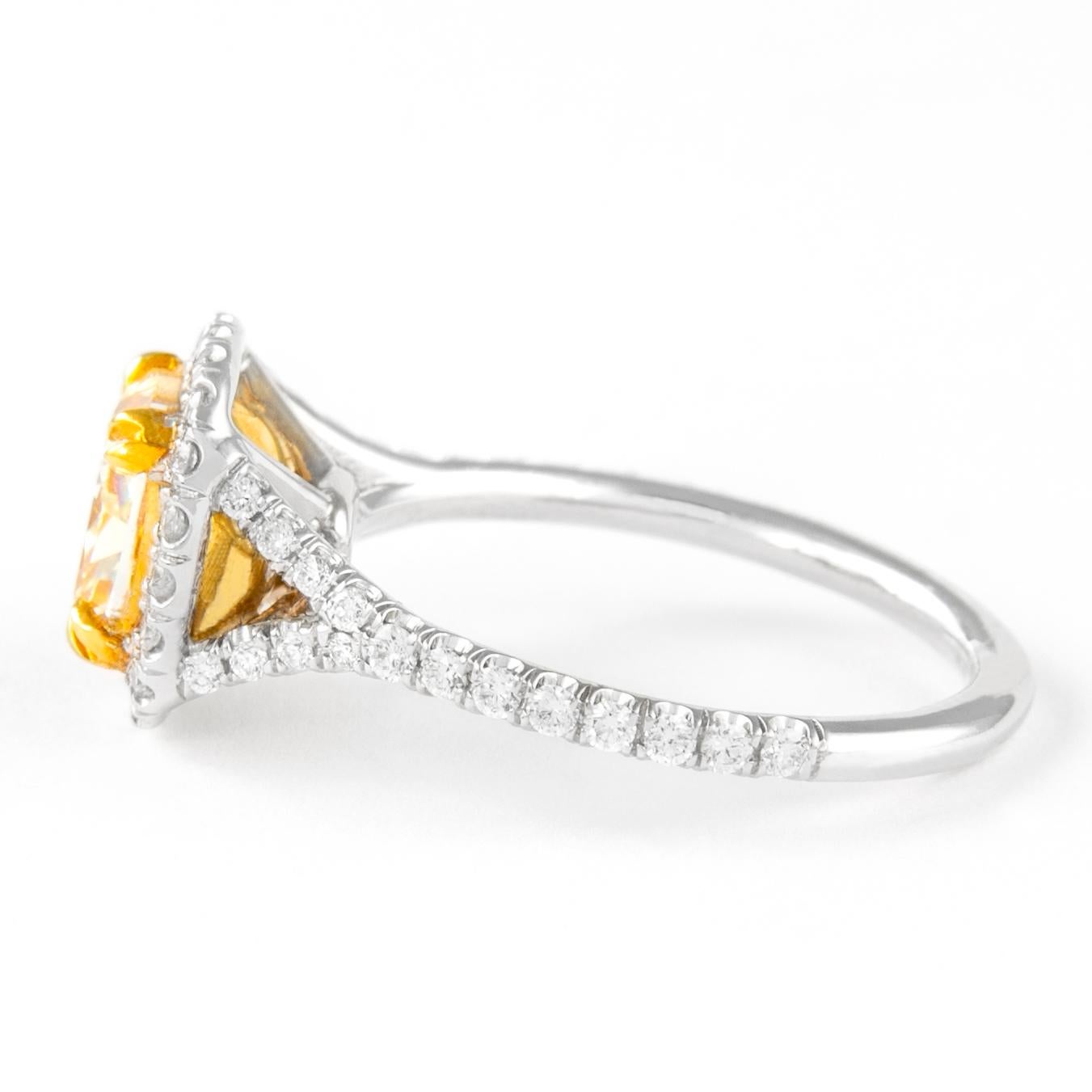 Cushion Cut Alexander 2.07ct Fancy Intense Yellow VS1 Cushion Diamond with Halo Ring 18k For Sale