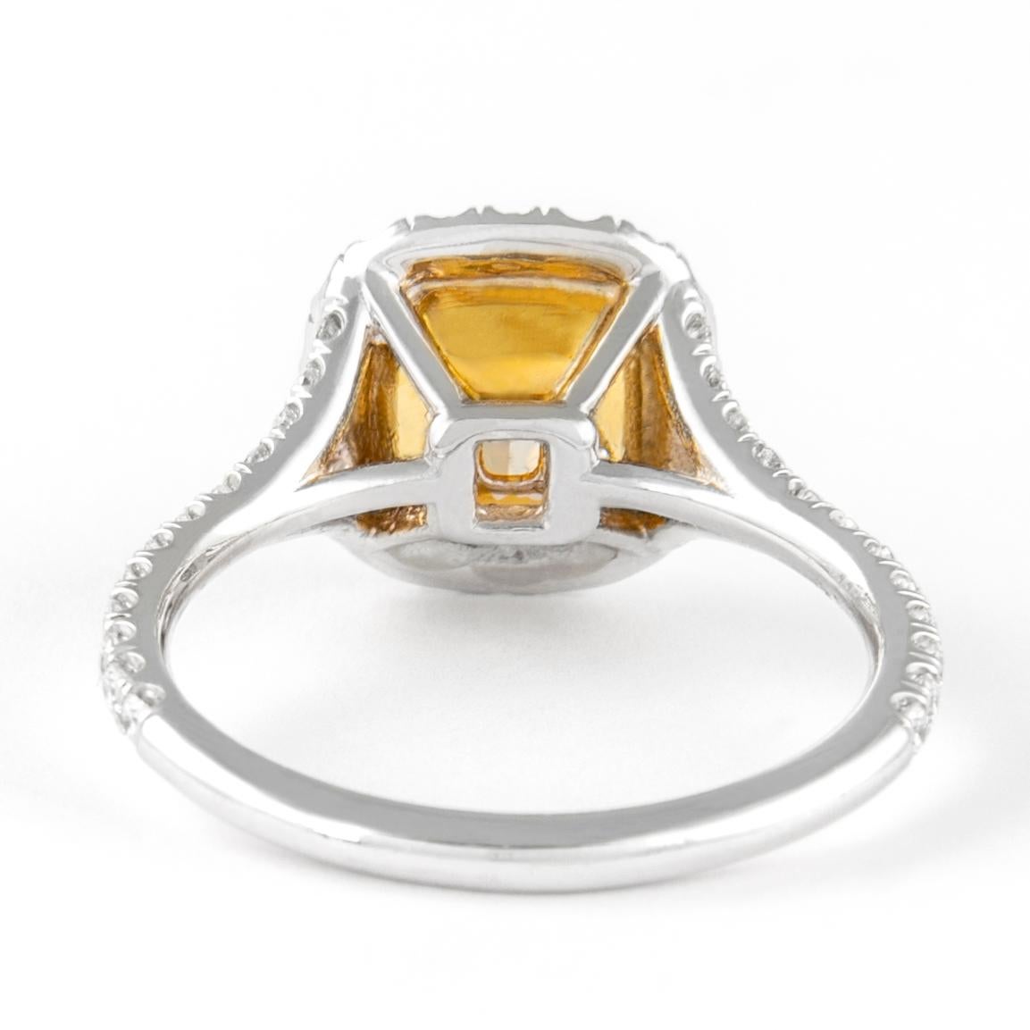 Alexander 2.07ct Fancy Intense Yellow VS1 Cushion Diamond with Halo Ring 18k In New Condition For Sale In BEVERLY HILLS, CA