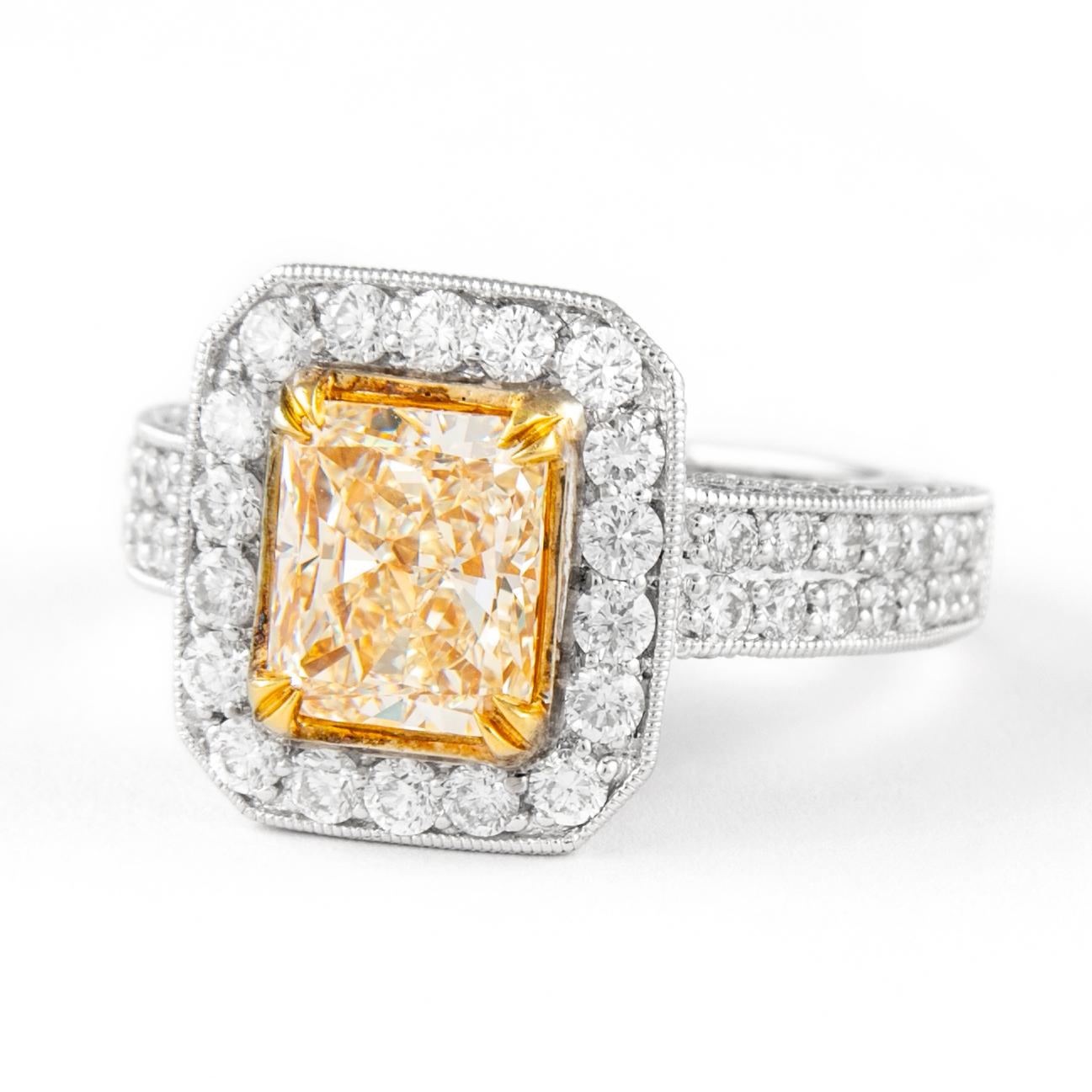 Contemporary Alexander 2.08ct Fancy Yellow VVS2 Radiant Diamond with Halo Ring 18k Two Tone For Sale