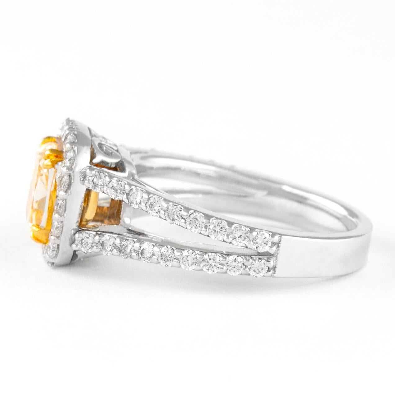 Cushion Cut Alexander 2.08ctt Fancy Yellow Cushion Diamond with Halo Ring 18k Two Tone For Sale