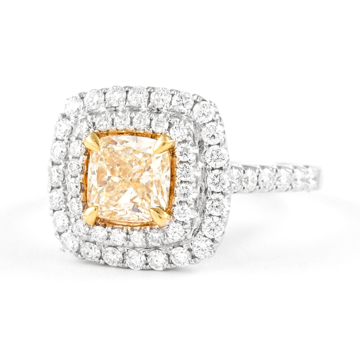 Contemporary Alexander 2.10ctt Fancy Intense Yellow VS2 Diamond Double Halo Ring 18k Two Tone For Sale