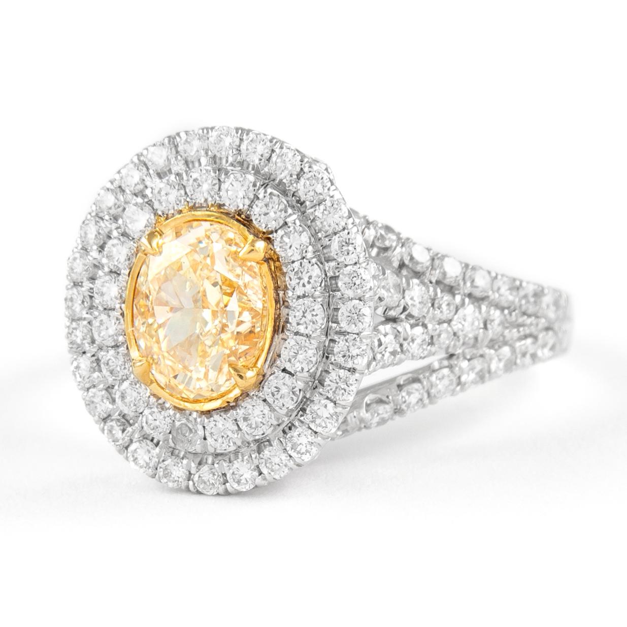 Contemporary Alexander 2.10ctt Fancy Intense Yellow VS2 Oval Diamond Double Halo Ring 18k For Sale
