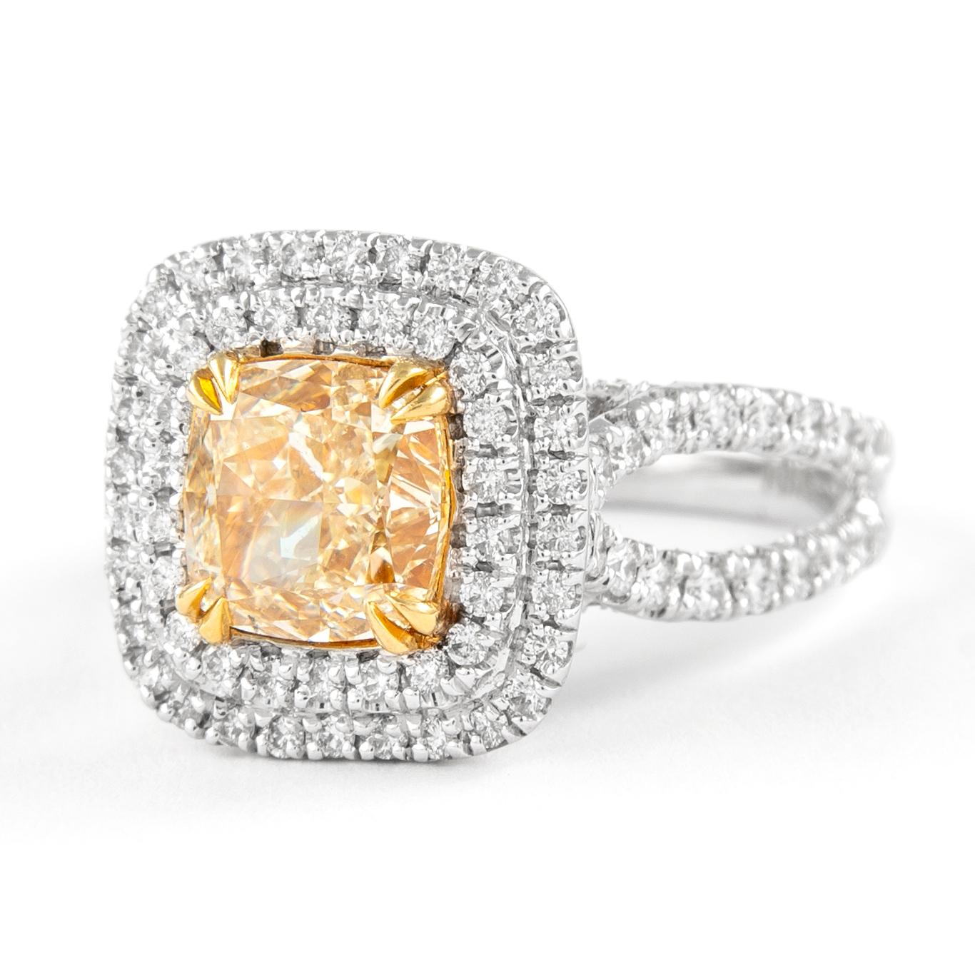 Contemporary Alexander 2.11ct Fancy Intense Yellow VS2 Cushion Diamond Double Halo Ring 18k For Sale