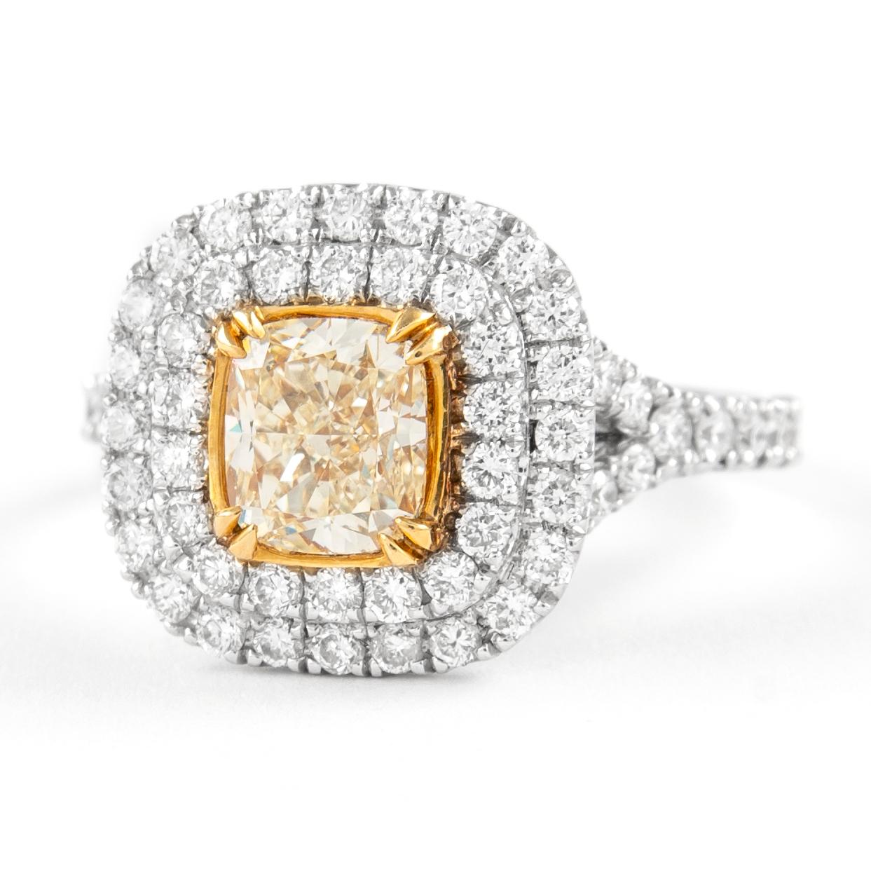 Contemporary Alexander 2.12ctt Fancy Yellow VS2 Diamond Double Halo Ring 18k Two Tone For Sale