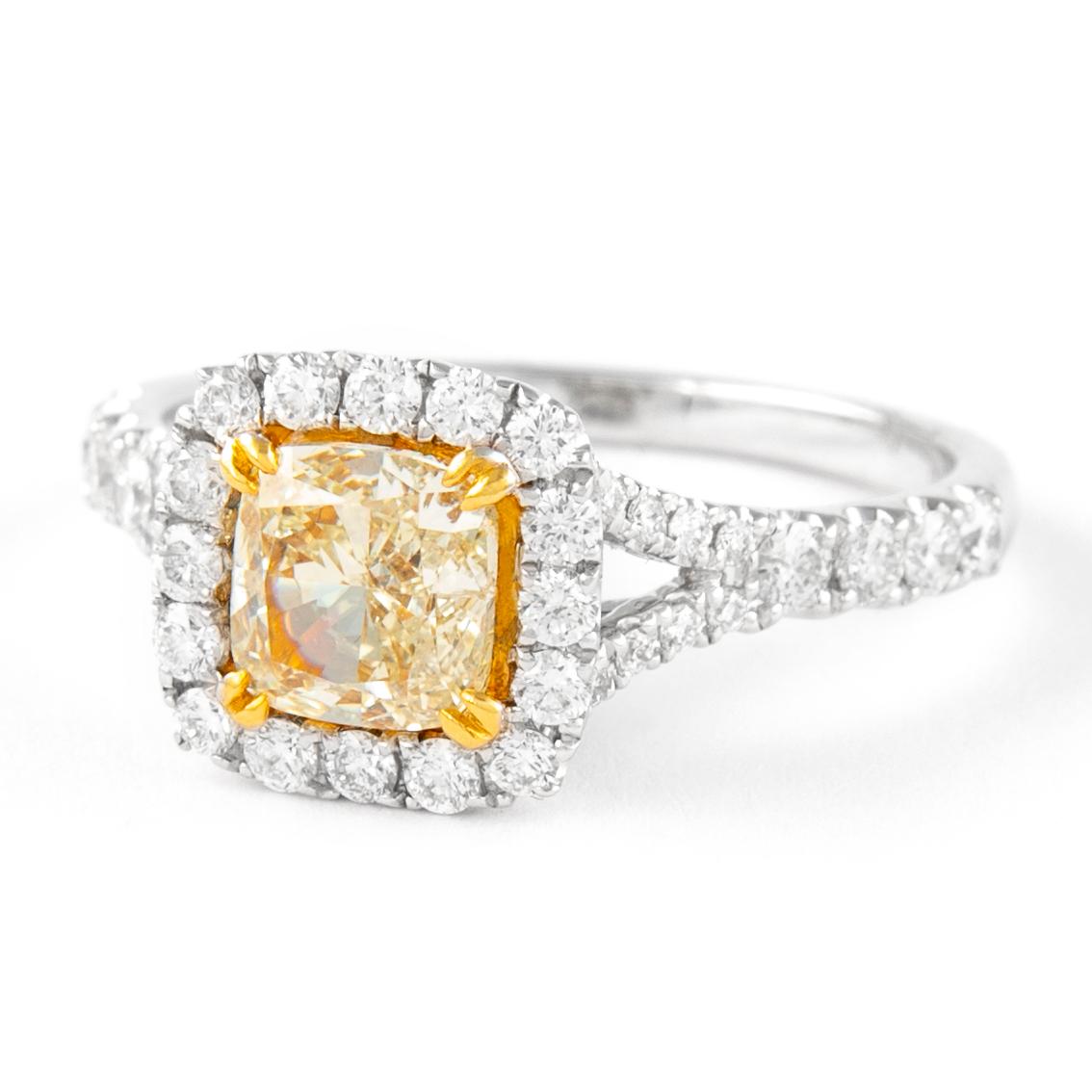 Contemporary Alexander 2.13ctt Fancy Yellow Cushion Diamond with Halo Ring 18k Two Tone For Sale
