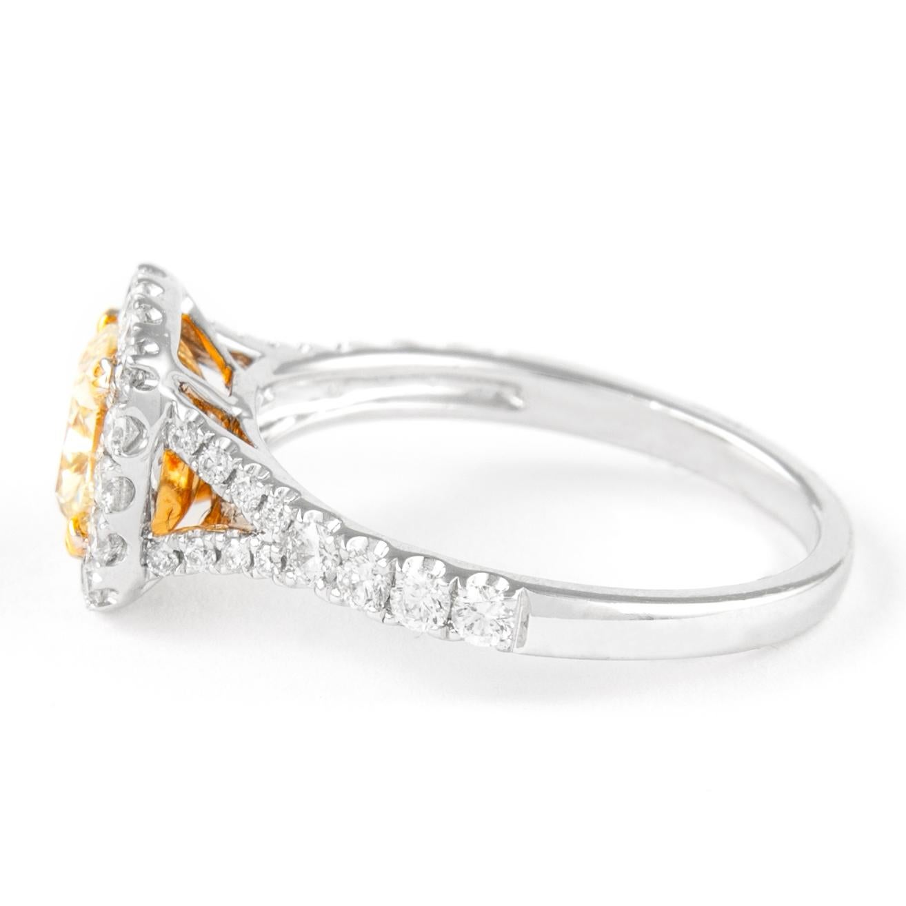 Cushion Cut Alexander 2.13ctt Fancy Yellow Cushion Diamond with Halo Ring 18k Two Tone For Sale