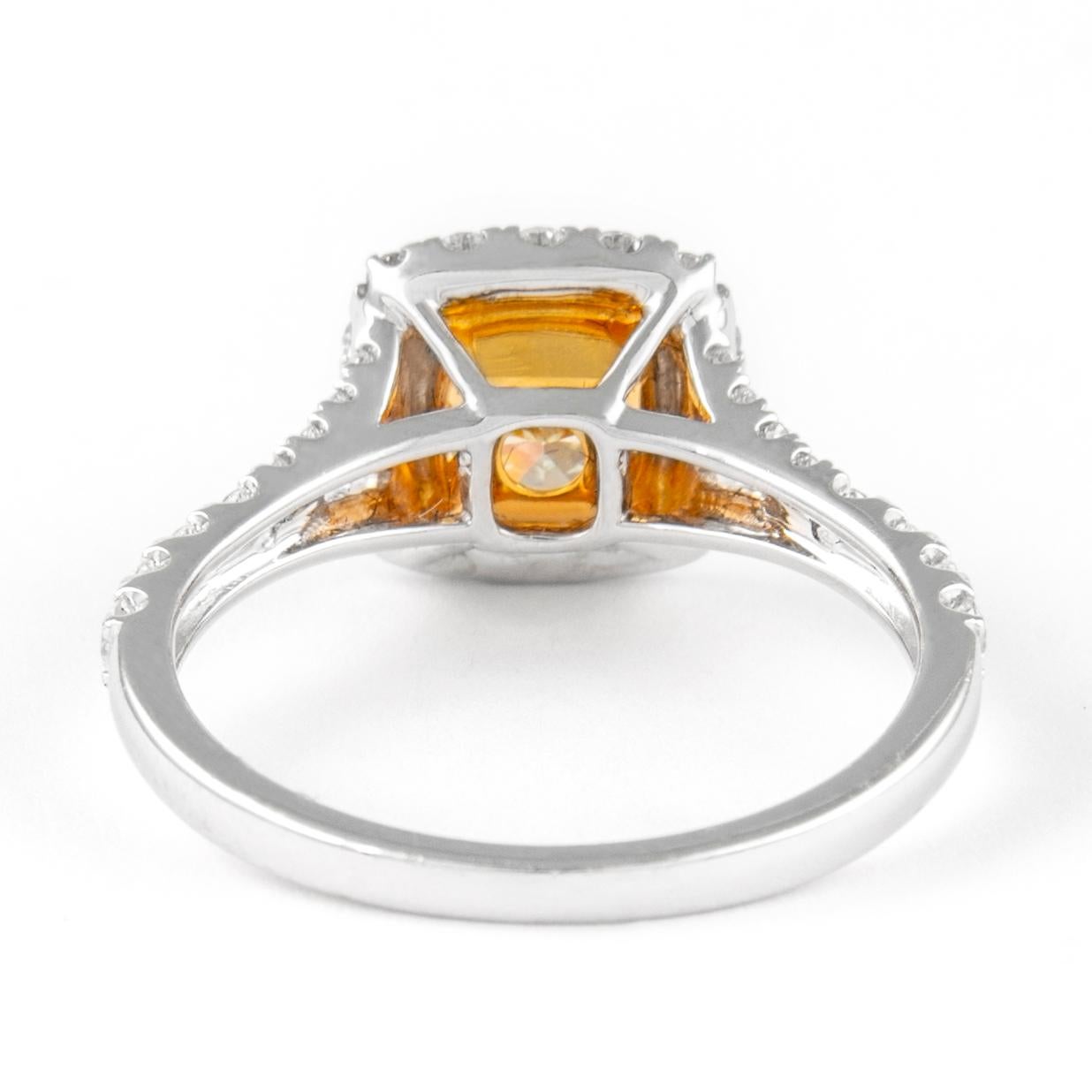 Alexander 2.13ctt Fancy Yellow Cushion Diamond with Halo Ring 18k Two Tone In New Condition For Sale In BEVERLY HILLS, CA