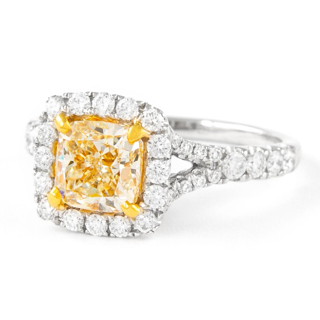 Contemporary Alexander 2.16ctt Fancy Light Yellow Cushion Diamond with Halo Ring 18k Two Tone For Sale