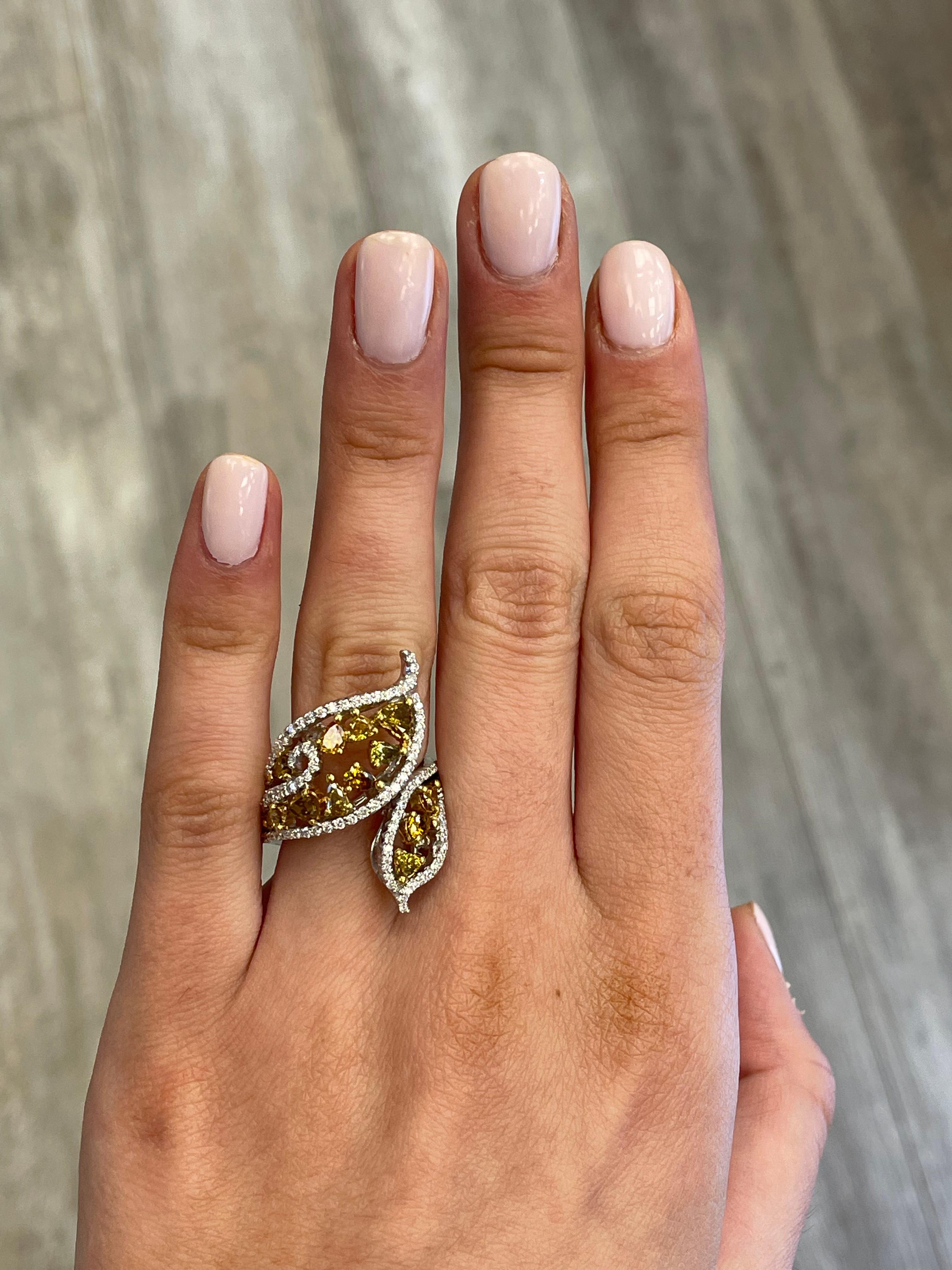 Modern yellow & brown color diamond floral / leaf bypass  ring, by Alexander Beverly Hills. 
2.16 carats total diamond weight.
1.50 carats of a mix of approximately Fancy Yellowish Brow to Fancy Brownish Yellow color diamonds. Complimented by 108