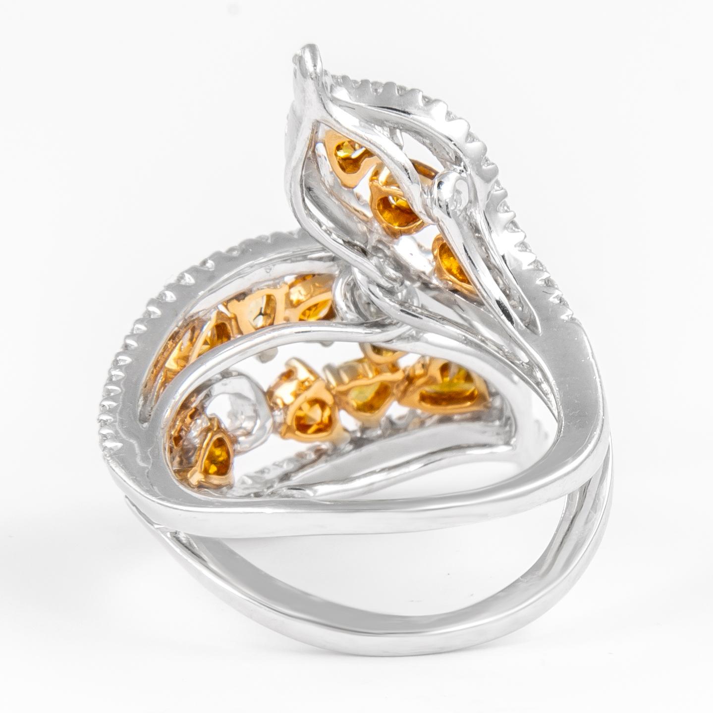 Pear Cut Alexander 2.16ctt Yellow Diamond & Diamond Floral Bypass Ring 18k Two Tone Gold For Sale