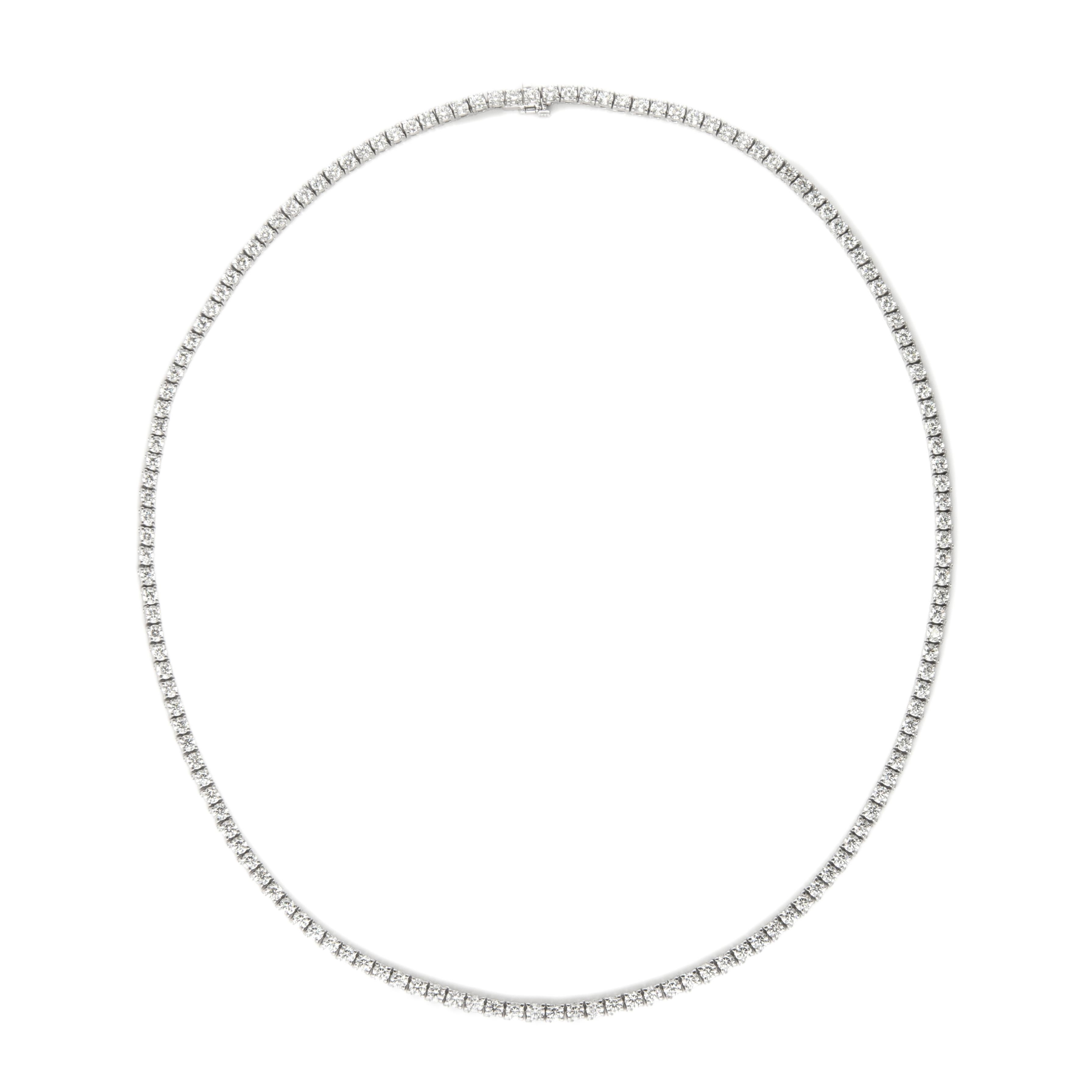 Round Cut Alexander 21.84 Carat 22in Diamond Tennis Necklace 18 Karat White Gold For Sale