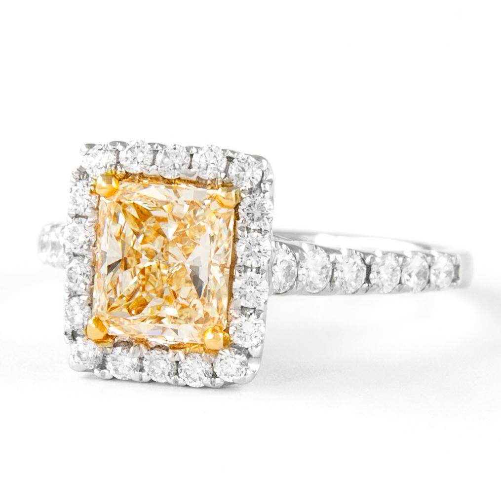 Contemporary Alexander 2.21ctt Fancy Yellow VS1 Cushion Diamond with Halo Ring 18k Two Tone For Sale