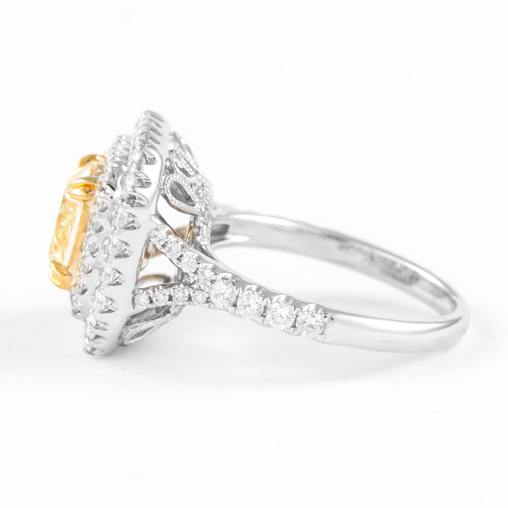 Contemporary Alexander 2.22ct Fancy Intense Yellow VS2 Diamond Double Halo Ring 18k Two Tone For Sale