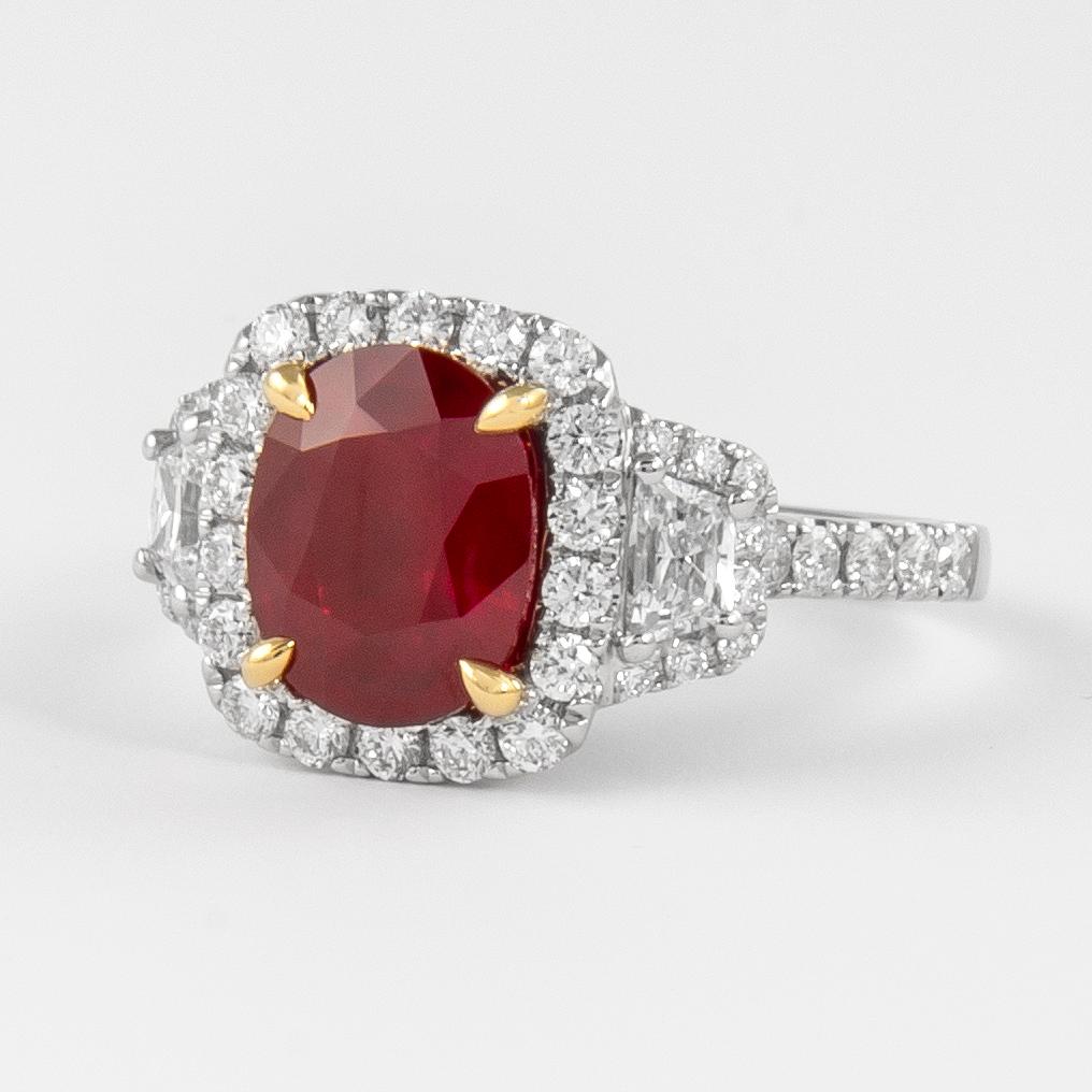Contemporary Alexander Beverly Hills GIA 2.25ct Burmese Ruby & Diamond Three Stone Ring 18k For Sale