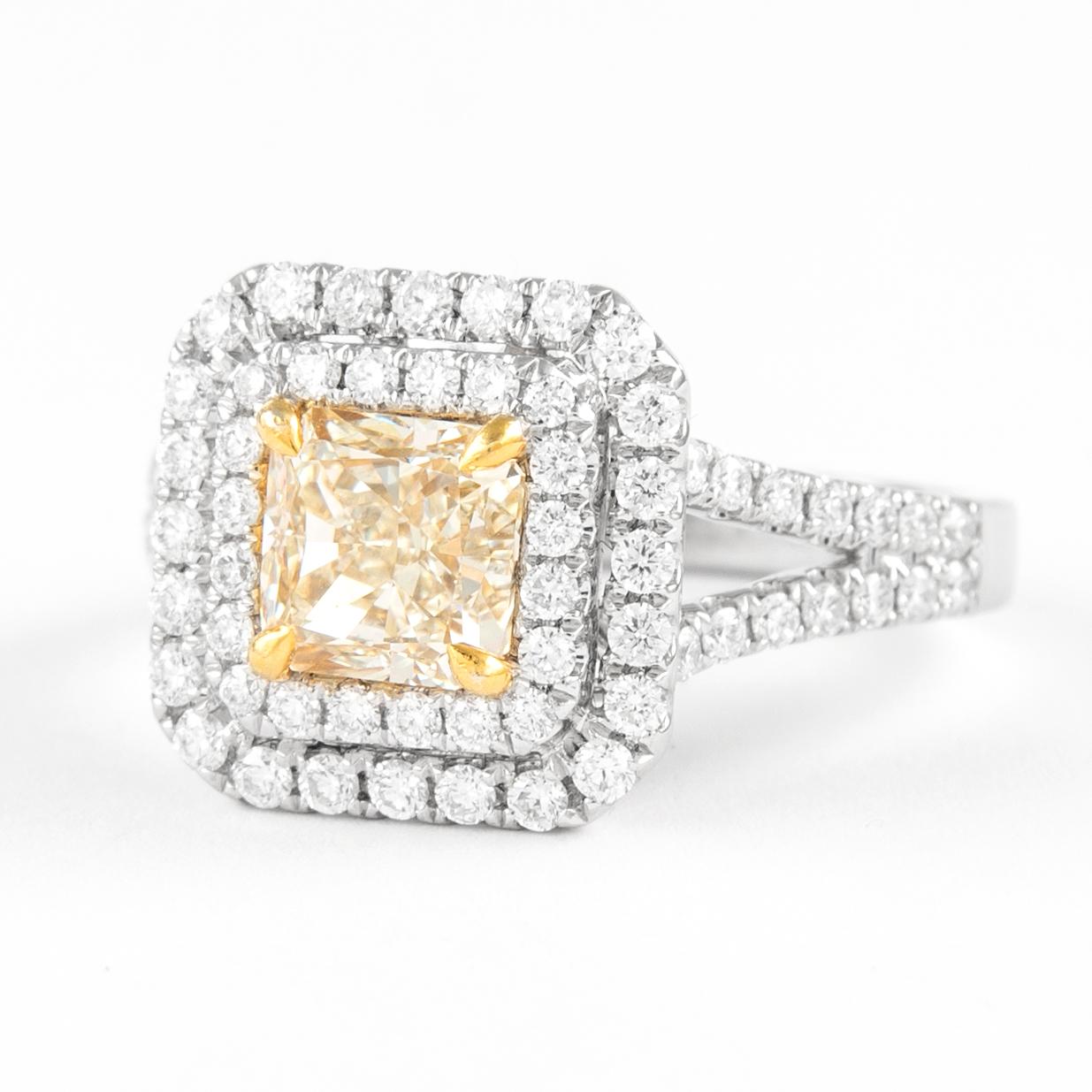 Contemporary Alexander 2.25ctt Fancy Yellow VS1 Diamond Double Halo Ring 18k Two Tone For Sale