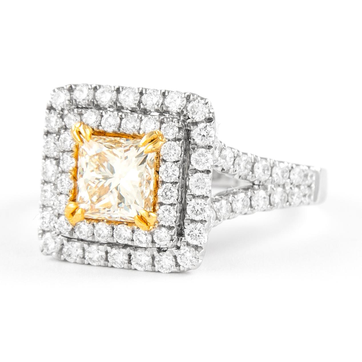 Contemporary Alexander 2.26ctt Light Yellow VS1 Diamond Double Halo Ring 18k Two Tone For Sale