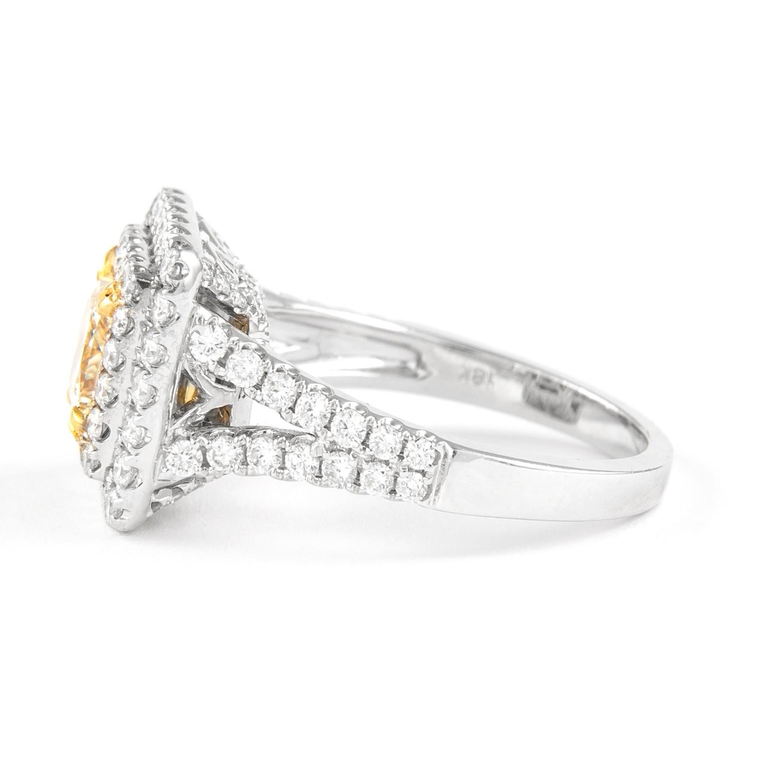 Princess Cut Alexander 2.26ctt Light Yellow VS1 Diamond Double Halo Ring 18k Two Tone For Sale