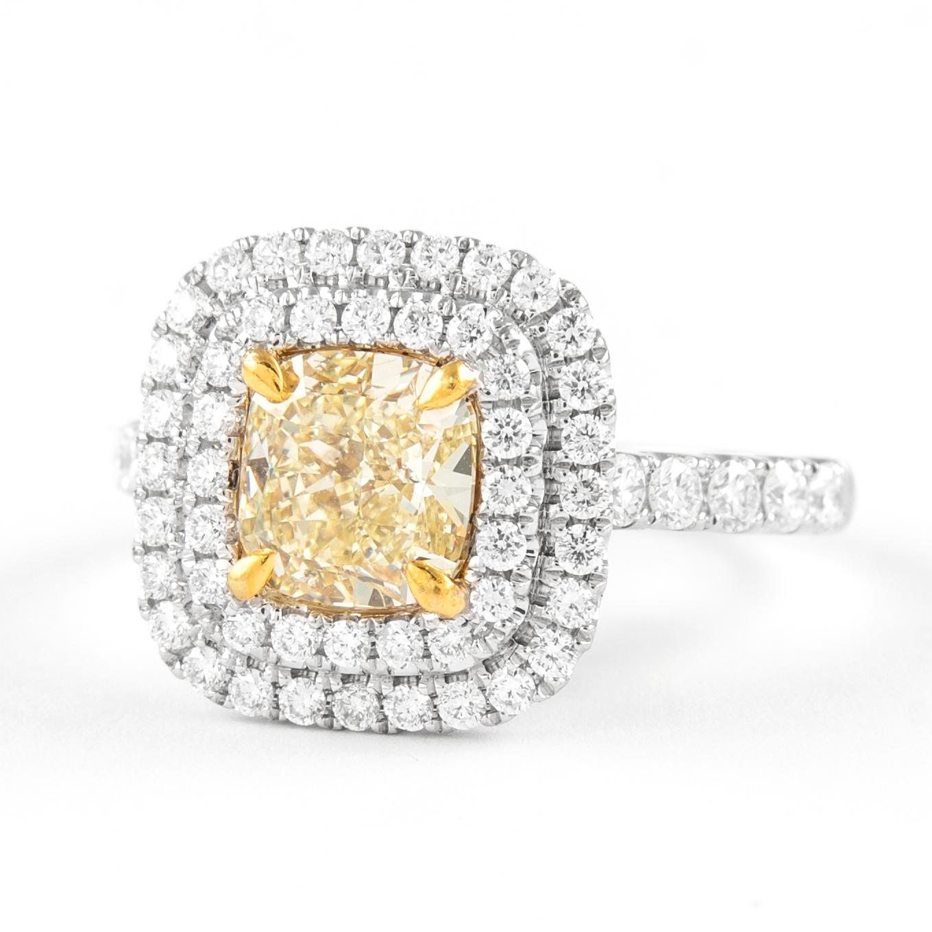 Contemporary Alexander 2.29ctt Fancy Yellow VS2 Diamond Double Halo Ring 18k Two Tone For Sale