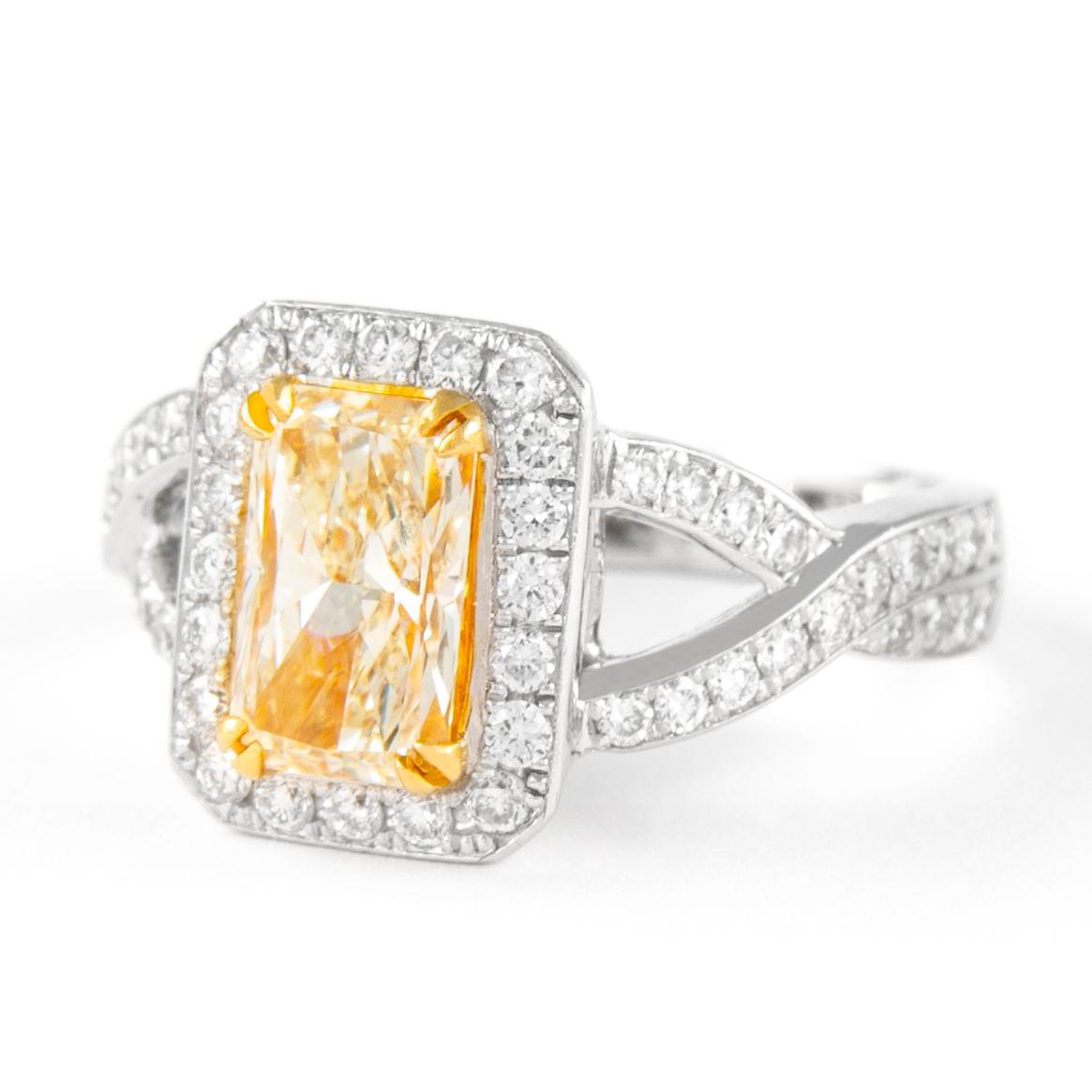 Contemporary Alexander 2.30ctt Fancy Yellow VS1 Radiant Diamond with Halo Ring 18k Two Tone For Sale