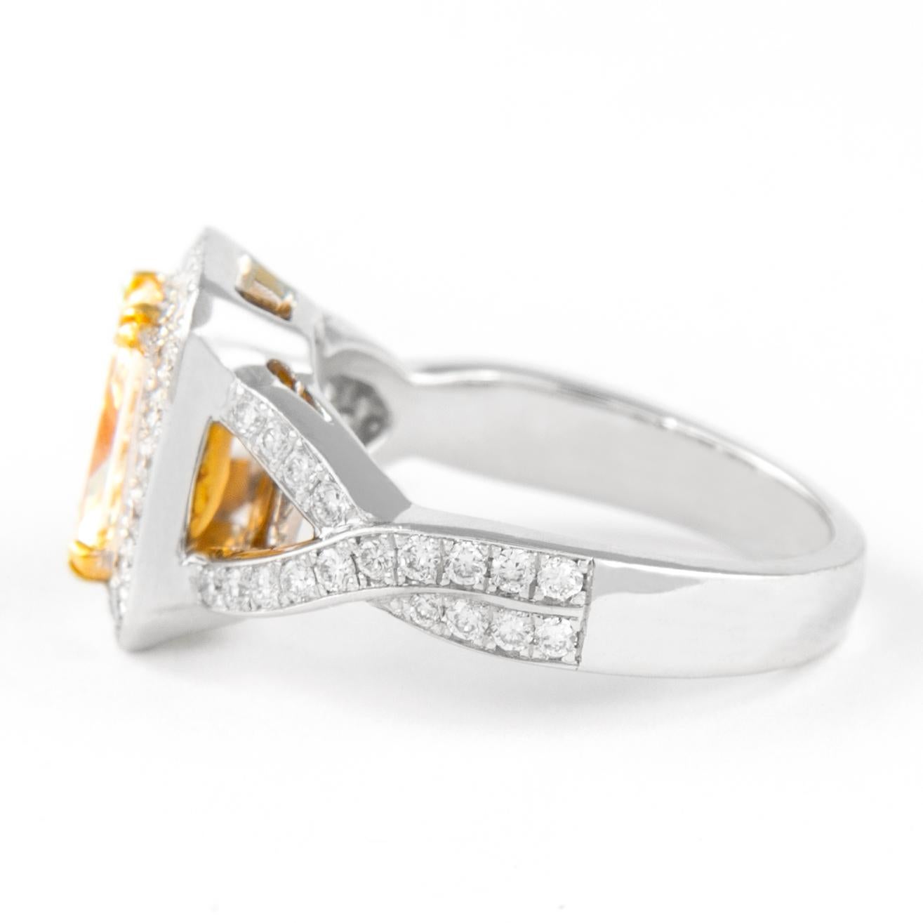Radiant Cut Alexander 2.30ctt Fancy Yellow VS1 Radiant Diamond with Halo Ring 18k Two Tone For Sale