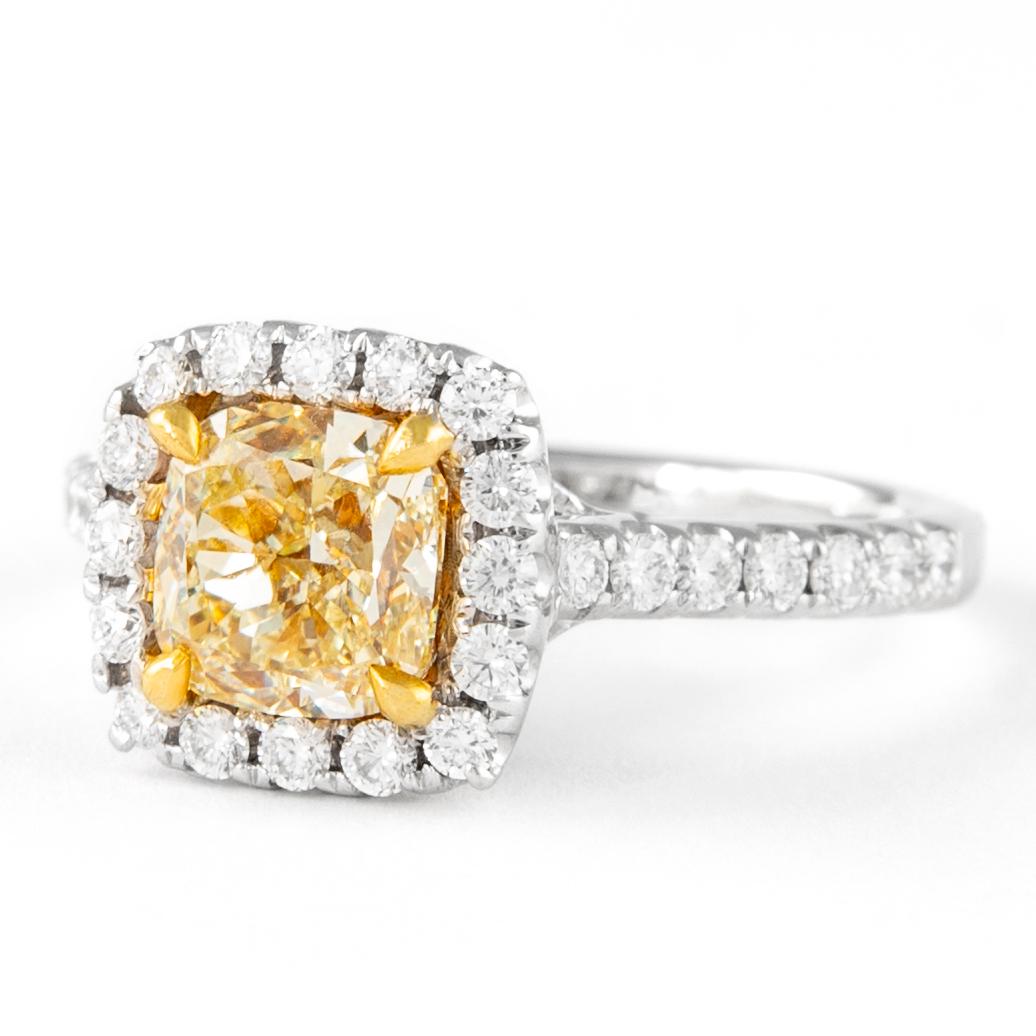 Contemporary Alexander 2.31ctt Fancy Yellow VS1 Cushion Diamond with Halo Ring 18k Two Tone For Sale