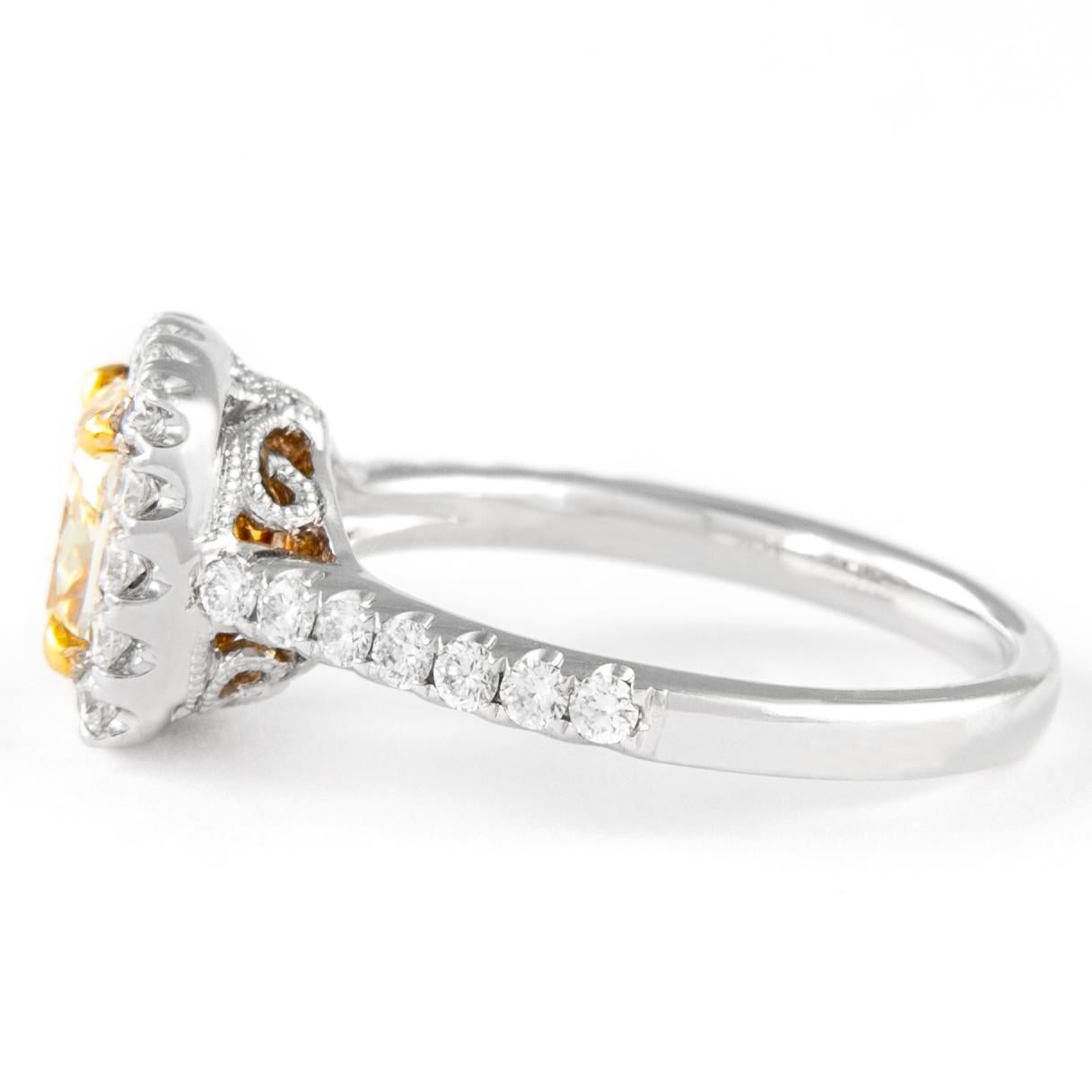 Cushion Cut Alexander 2.31ctt Fancy Yellow VS1 Cushion Diamond with Halo Ring 18k Two Tone For Sale