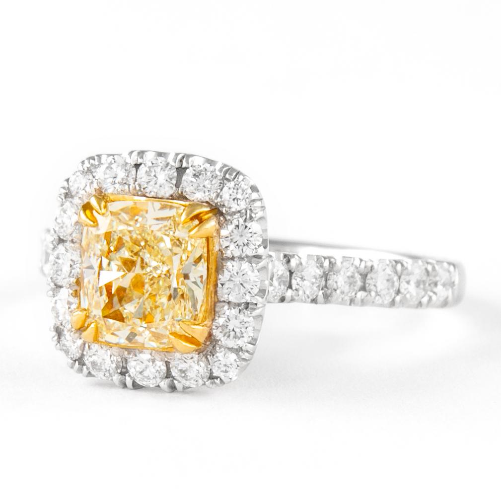 Contemporary Alexander 2.33ctt Fancy Yellow VS1 Cushion Diamond with Halo Ring 18k Two Tone For Sale