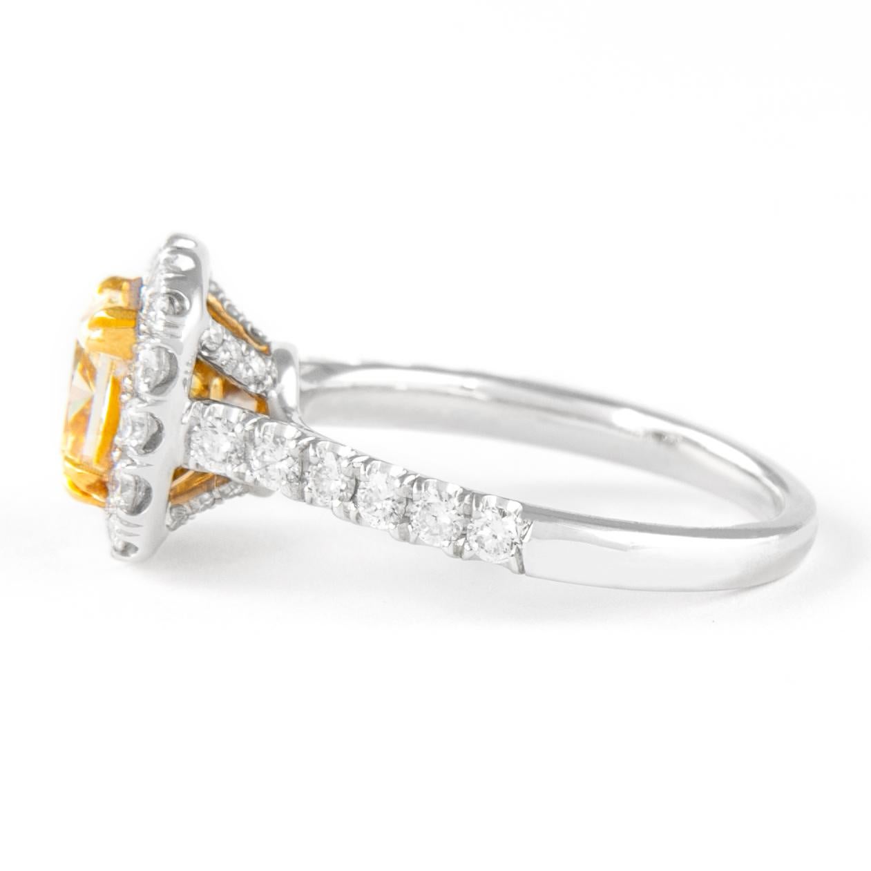 Cushion Cut Alexander 2.33ctt Fancy Yellow VS1 Cushion Diamond with Halo Ring 18k Two Tone For Sale