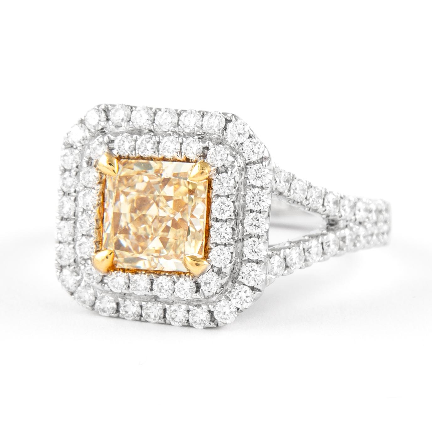 Contemporary Alexander 2.33ctt Fancy Yellow VVS2 Diamond Double Halo Ring 18k Two Tone For Sale