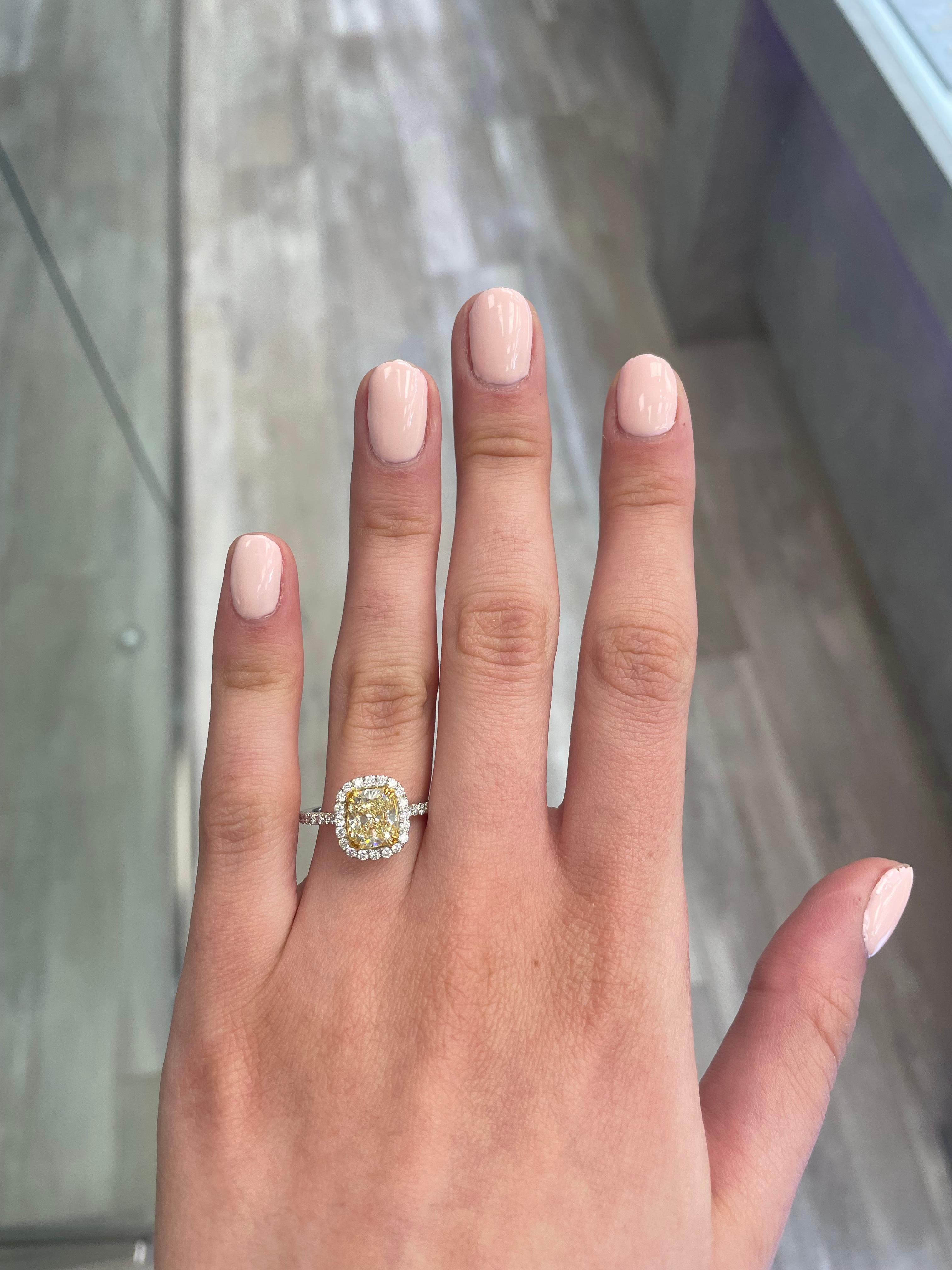 Atemberaubender moderner EGL-zertifizierter gelber Diamant mit Halo-Ring, zweifarbiges 18k Gelb- und Weißgold. Von Alexander Beverly Hills
2,34 Karat Gesamtgewicht der Diamanten.
Diamant mit 1,79 Karat im Kissenschliff, Farbe Fancy Yellow und