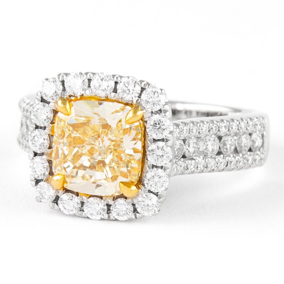 Contemporary Alexander 2.38ct Fancy Yellow Cushion Diamond with Halo Ring 18k Two Tone For Sale