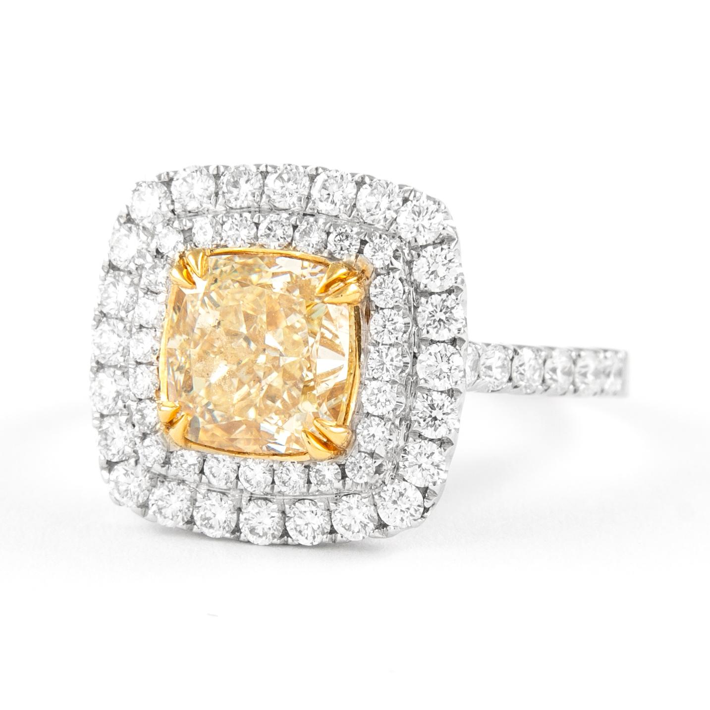 Contemporary Alexander 2.42ct Fancy Intense Yellow VS2 Diamond Double Halo Ring 18k Two Tone For Sale