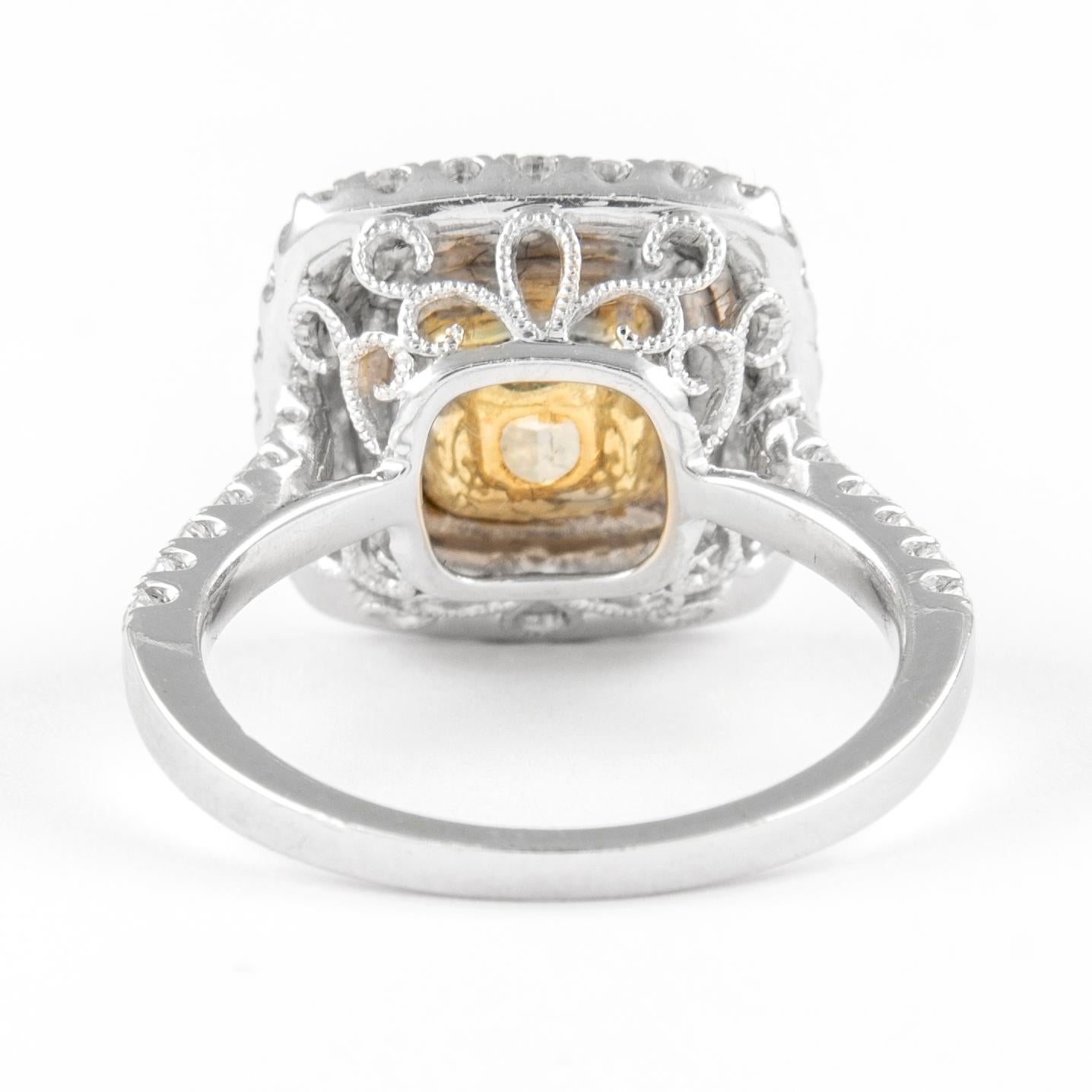 Alexander 2.42ct Fancy Intense Yellow VS2 Diamond Double Halo Ring 18k Two Tone In New Condition For Sale In BEVERLY HILLS, CA