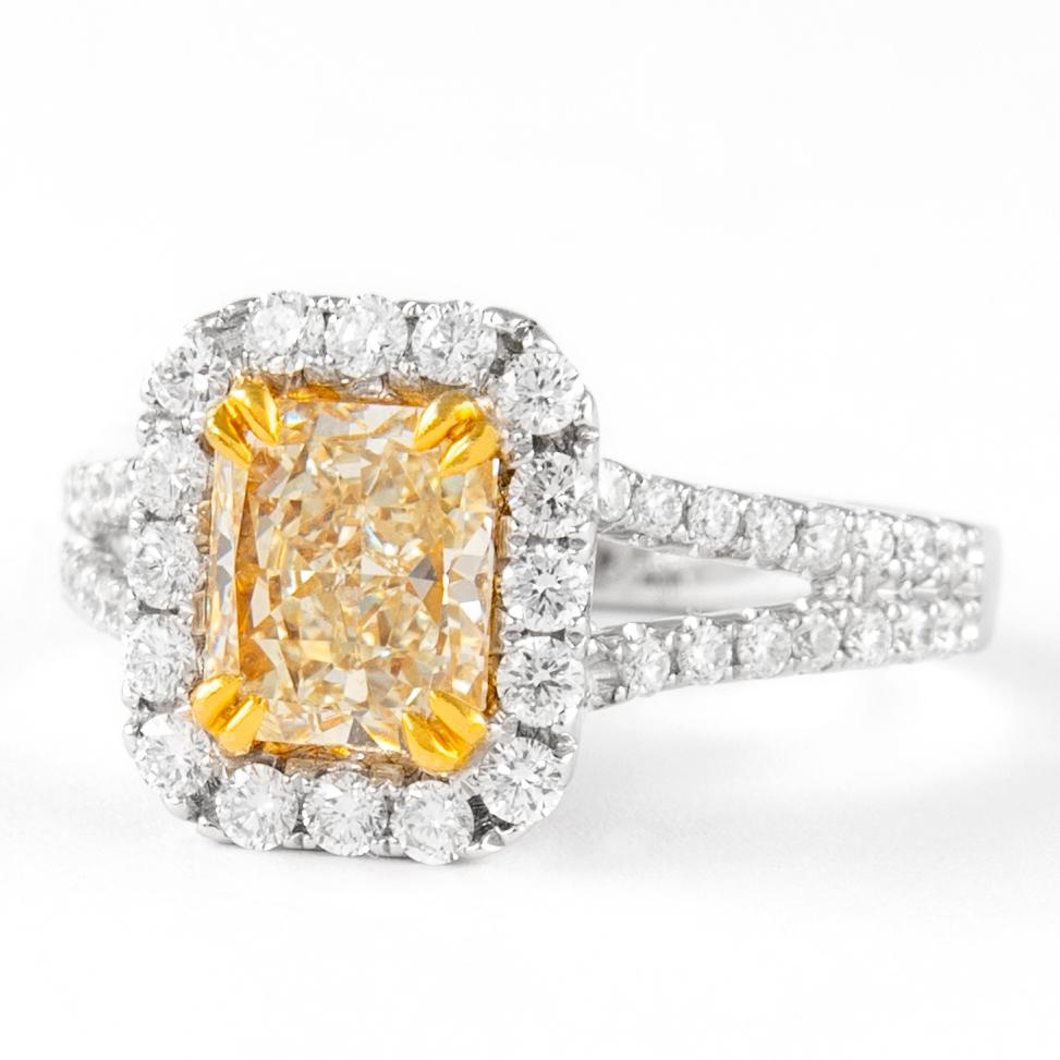 Contemporary Alexander 2.42ctt Fancy Light Yellow Radiant Diamond with Halo Ring 18k Two Tone For Sale